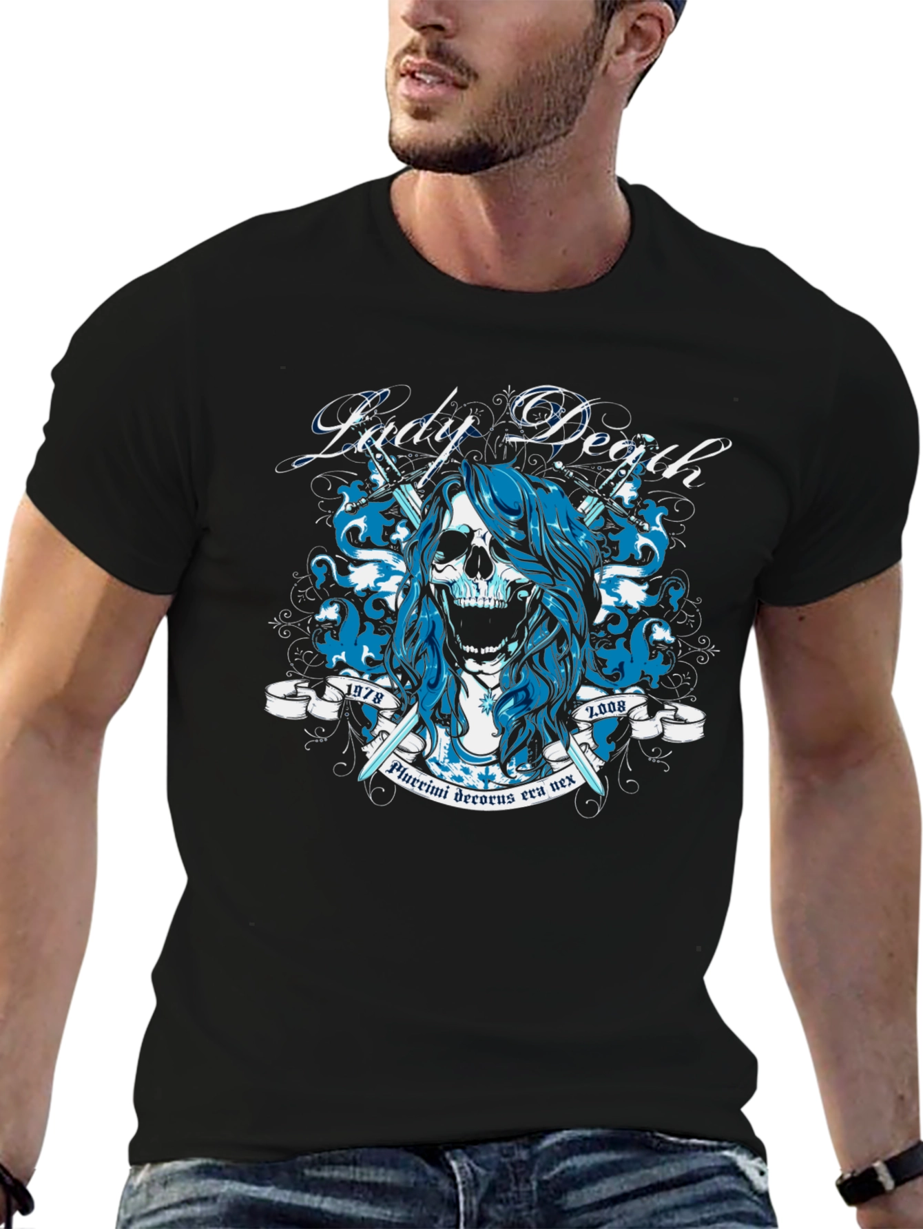 Black Lady Death Graphic Tee - Skull & Swords Design view 6