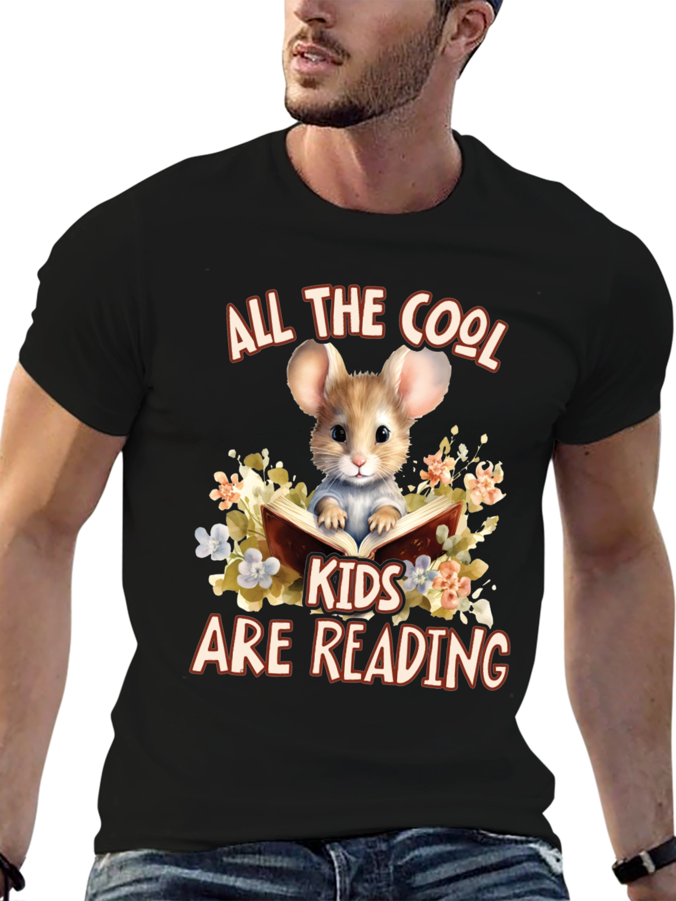 Black Cool Kids Reading Mouse Graphic T-Shirt view 6