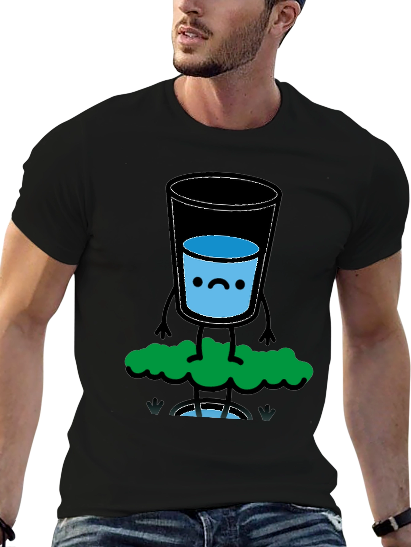 Black Funny Water Glass Graphic Tee - Black Cotton T-Shirt view 6