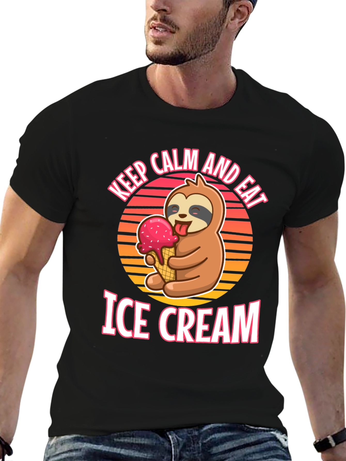 Black Keep Calm and Eat Ice Cream Sloth T-Shirt view 6