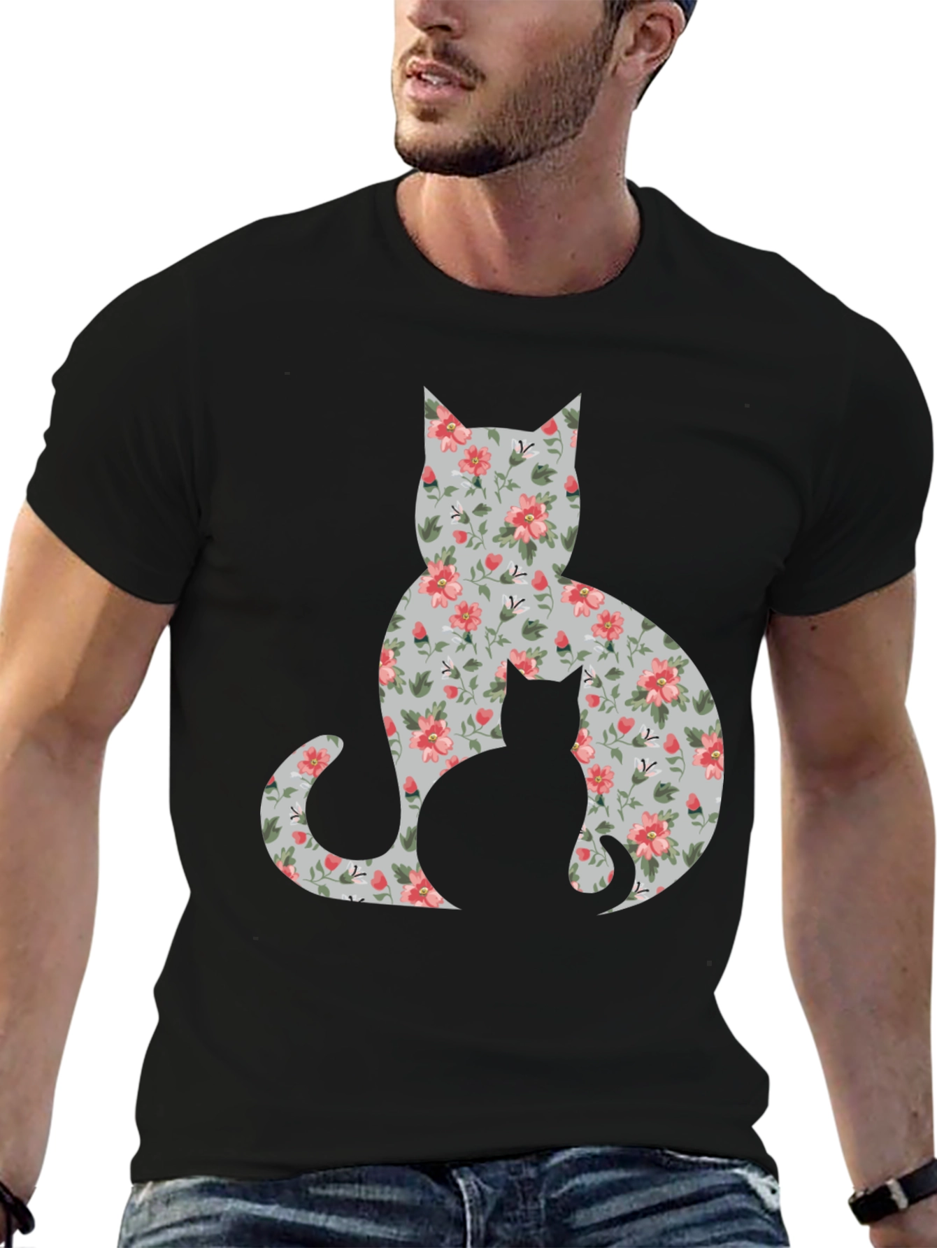 Black Floral Cat Silhouette T-Shirt - Stylish Tee view 6