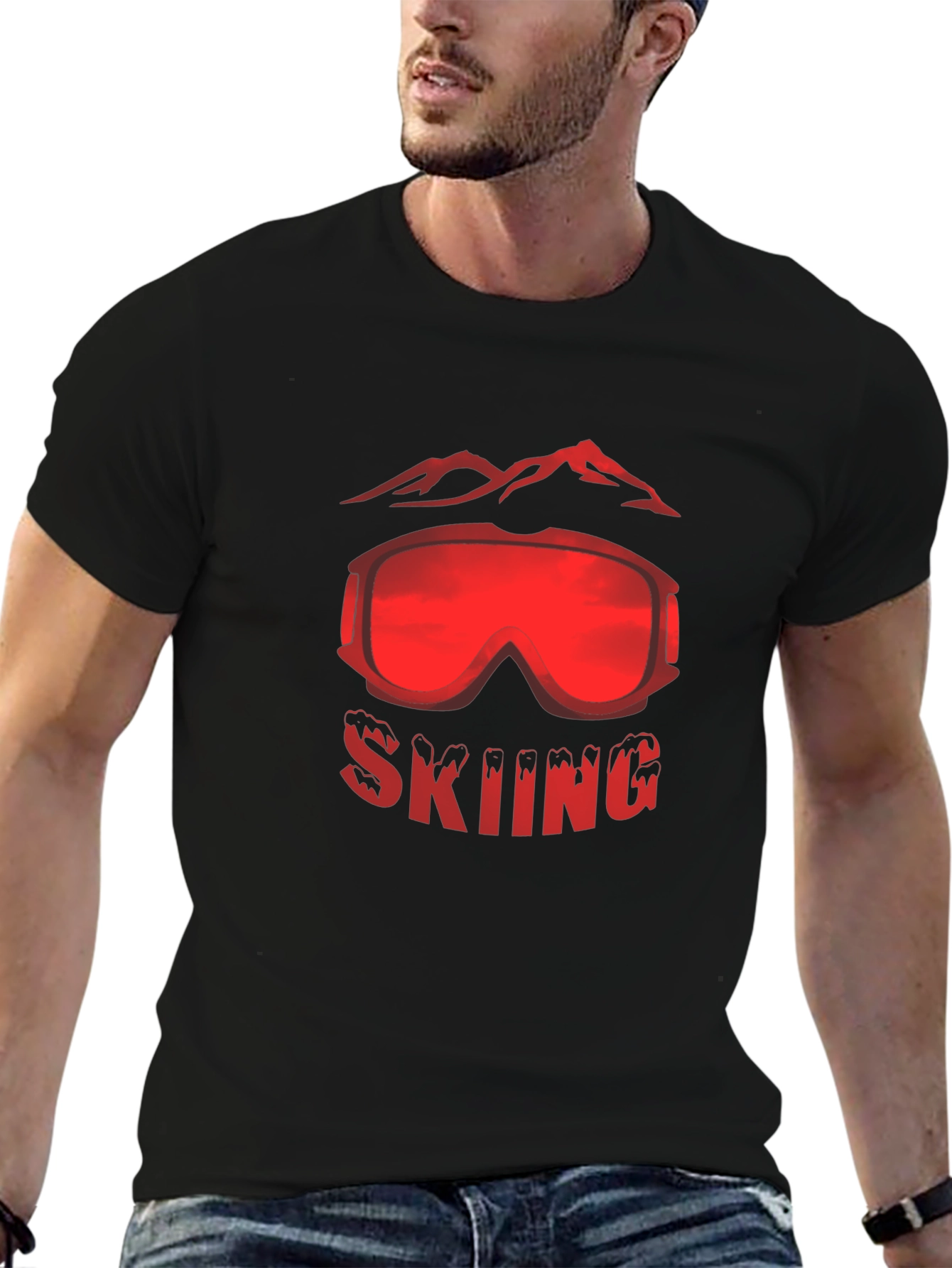 Black Skiing Goggles Mountain Graphic Black T-Shirt view 6
