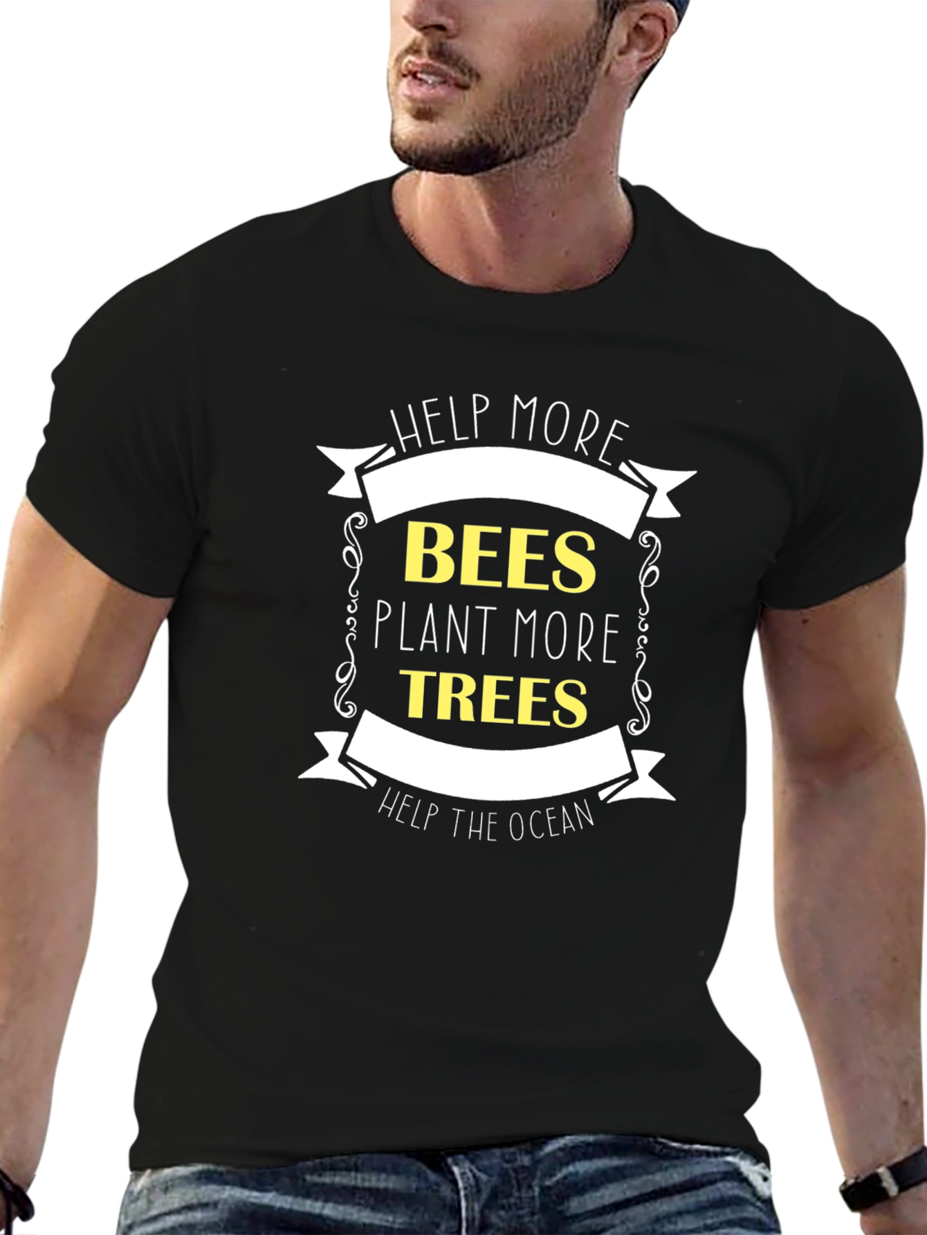 Black Eco-Friendly Tee: Help Bees, Plant Trees, Save Ocean view 6