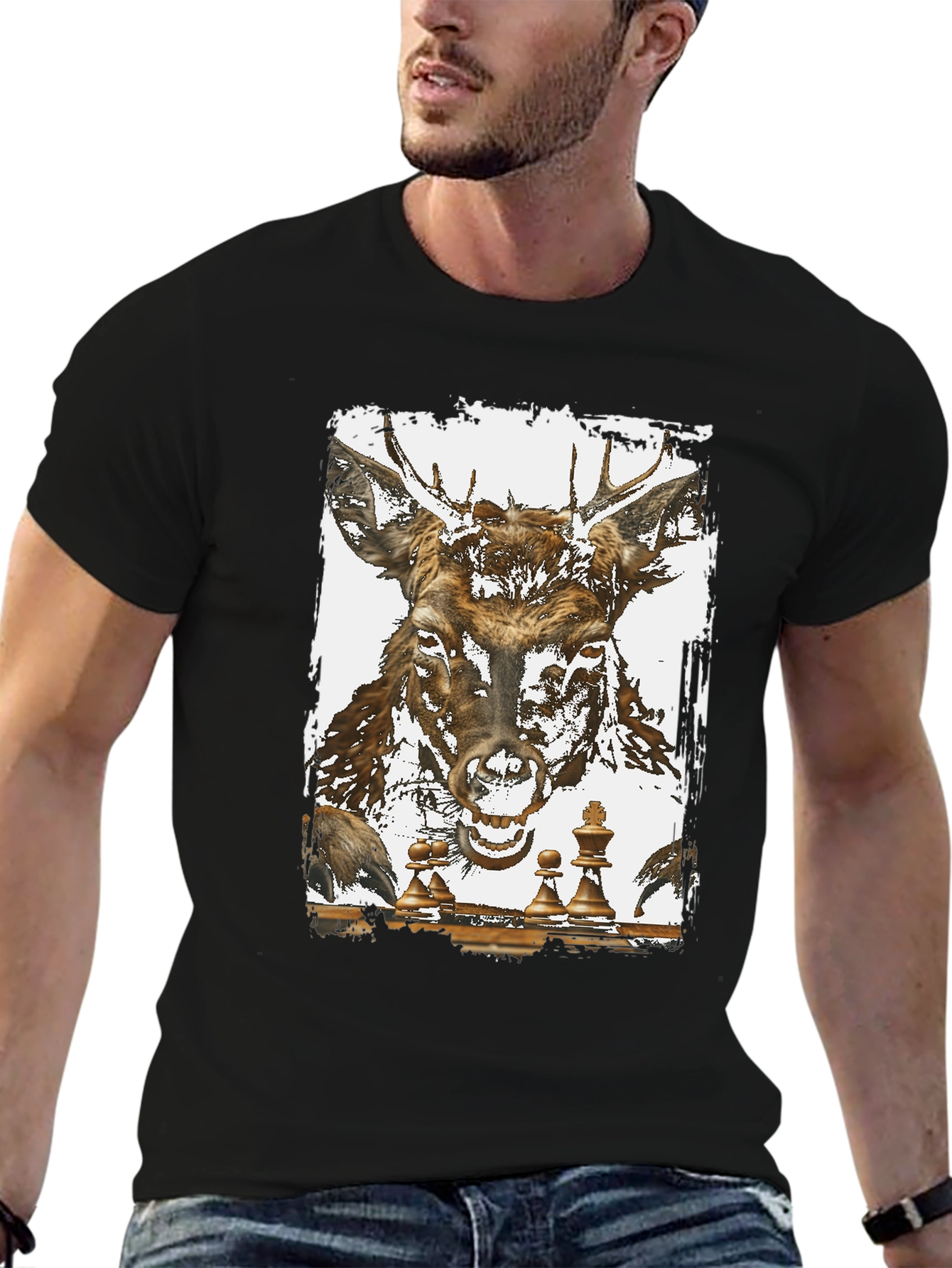 Black Deer Chess Graphic Tee - Unique Animal Art T-Shirt view 6