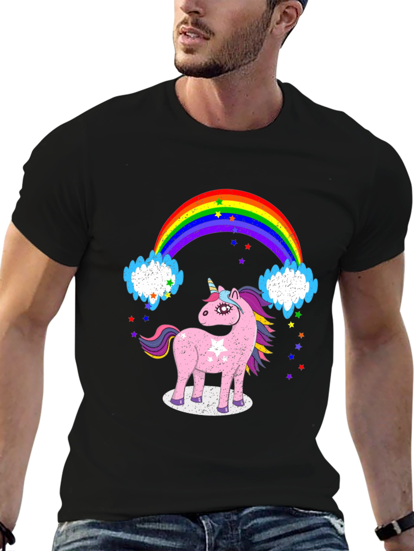 Black Unicorn & Rainbow Graphic Tee - Black Cotton T-Shirt view 6