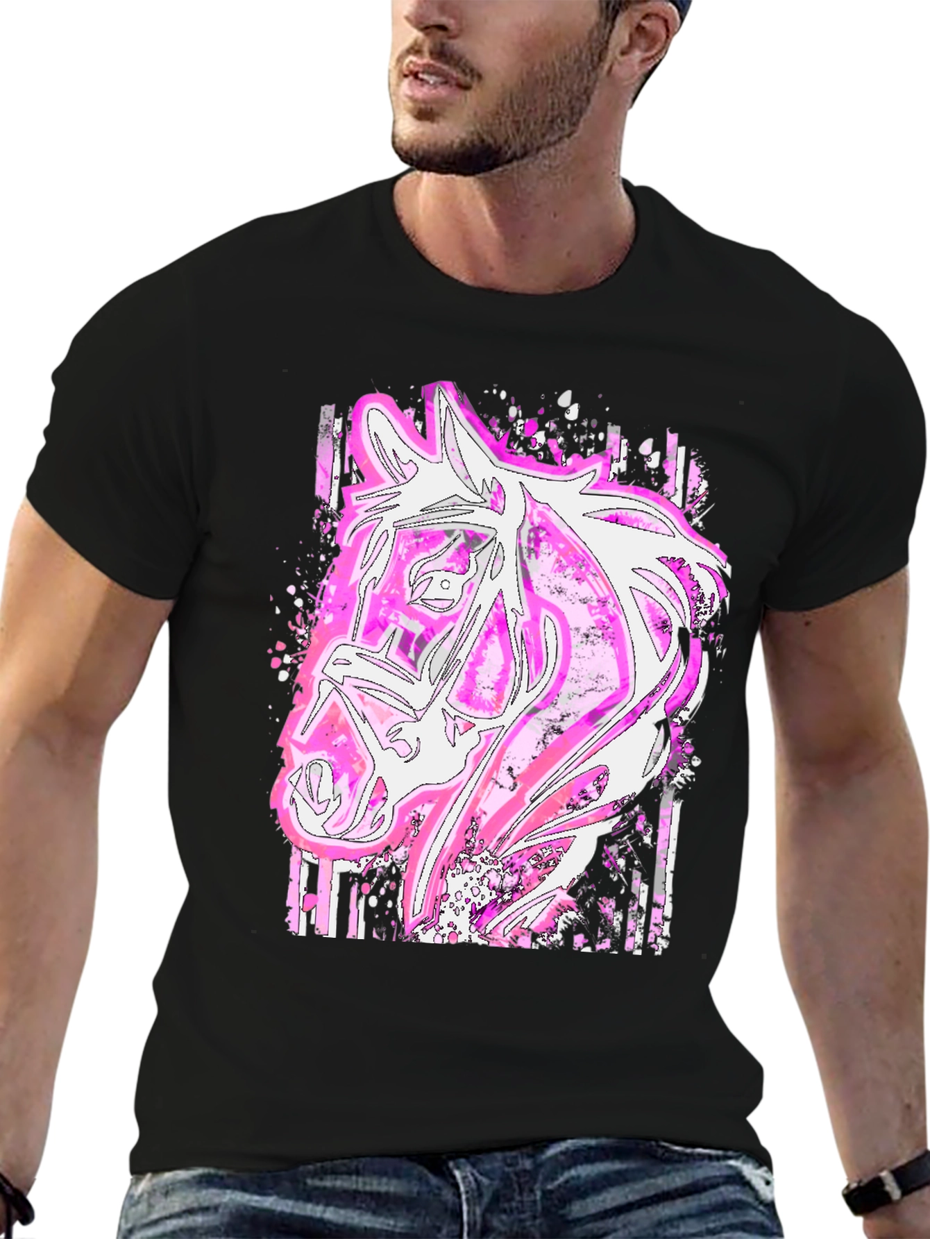 Black Pink Horse Graphic Tee - Stylish Animal Print Shirt view 6