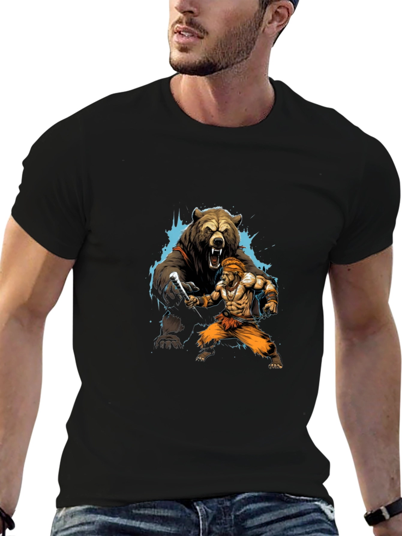 Black Bear vs. Man Graphic T-Shirt - Black Cotton Tee view 6