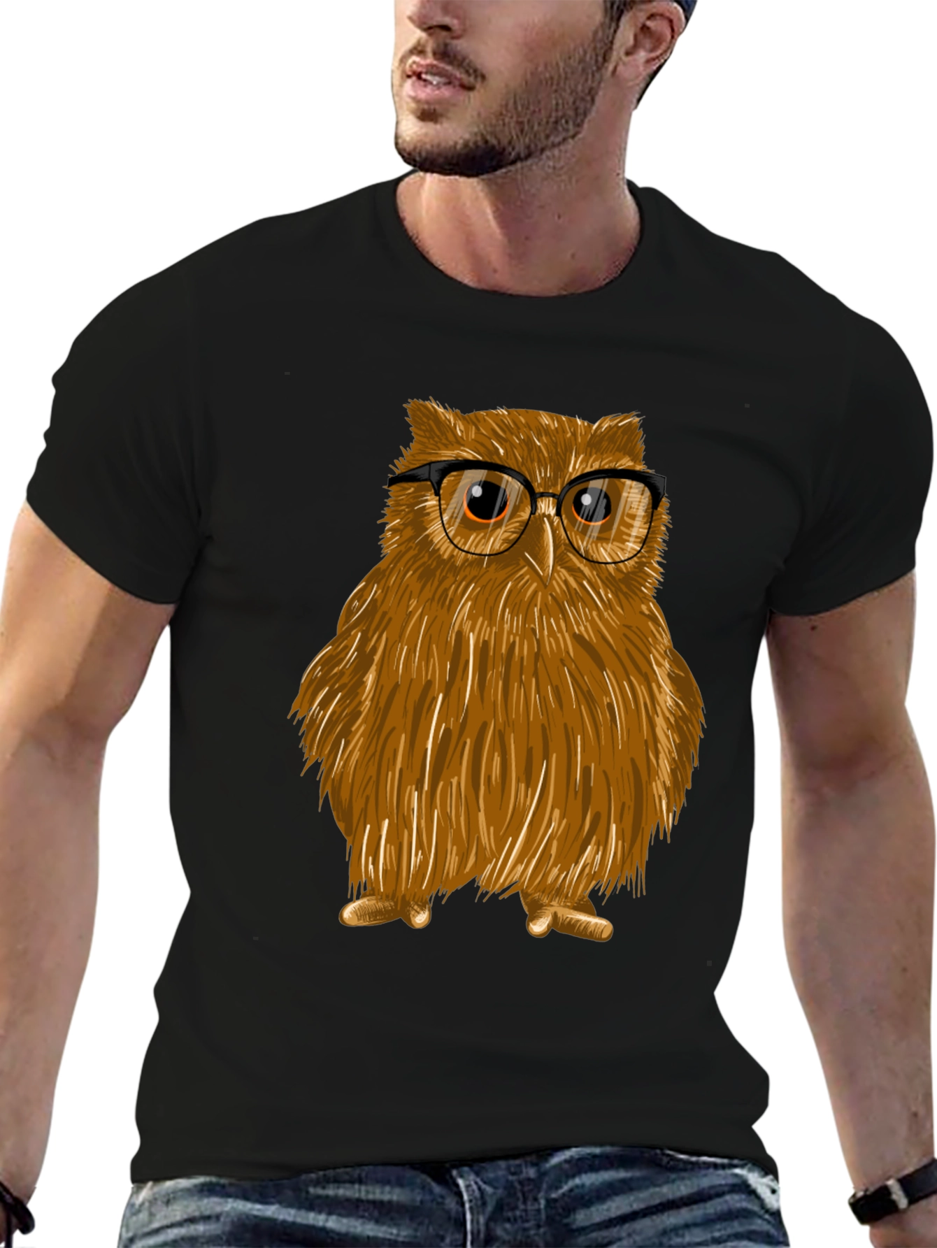 Black Owl with Glasses Graphic Tee - Unisex Cotton T-Shirt view 6