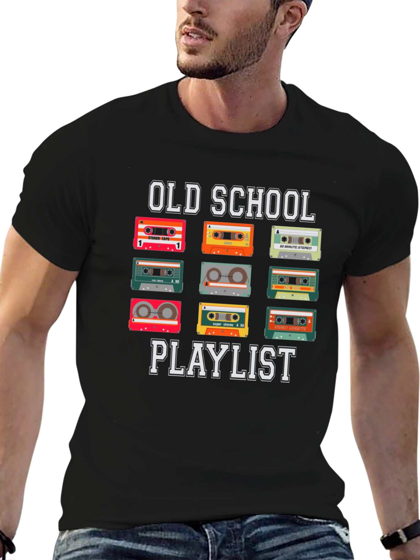 Black Old School Playlist Cassette Tape T-Shirt view 6