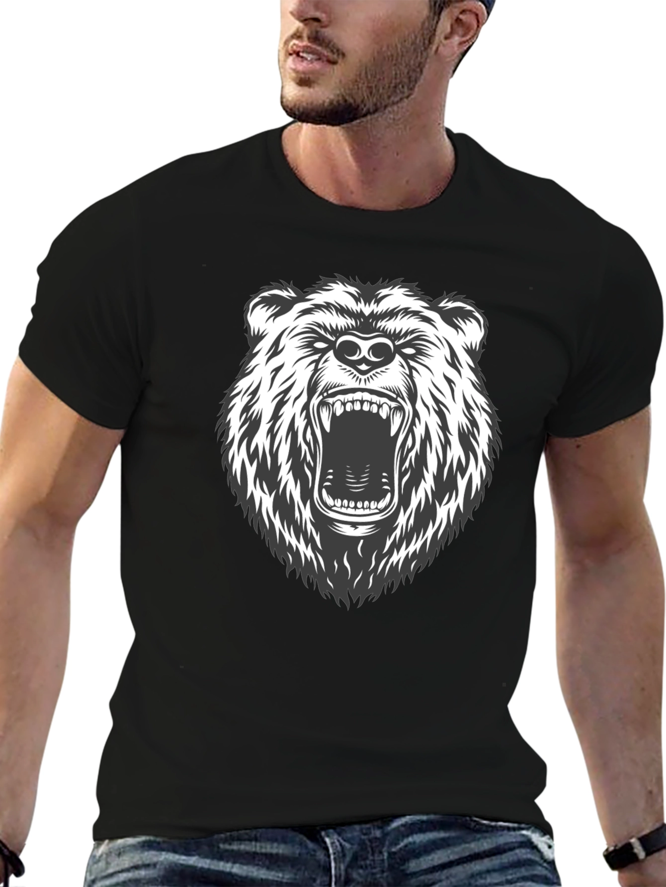 Black Men's Black T-Shirt with Roaring Bear Graphic view 6