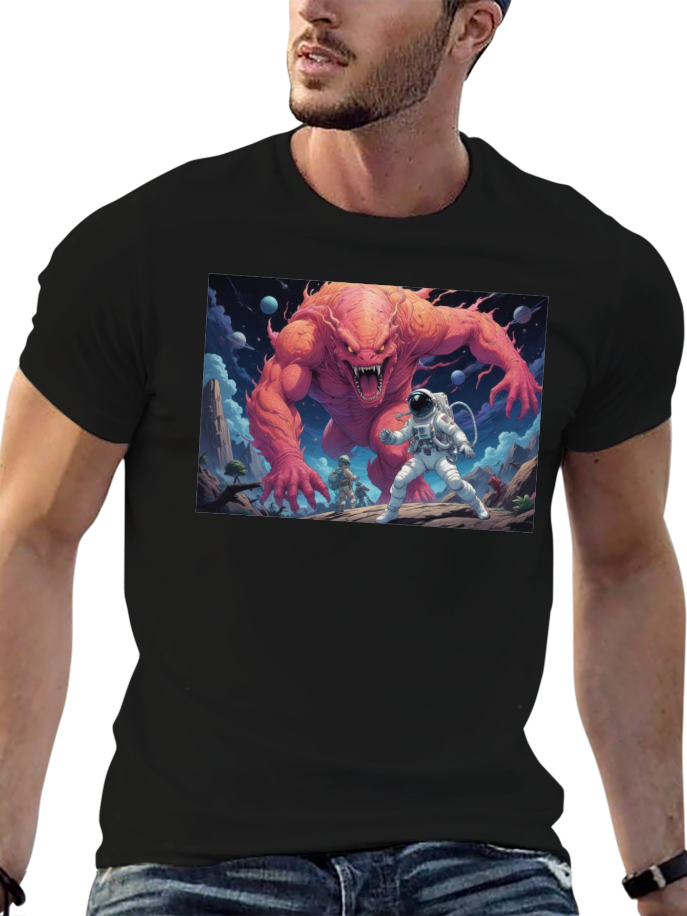 Black Monster Battle Graphic Tee - Sci-Fi Adventure Shirt view 6