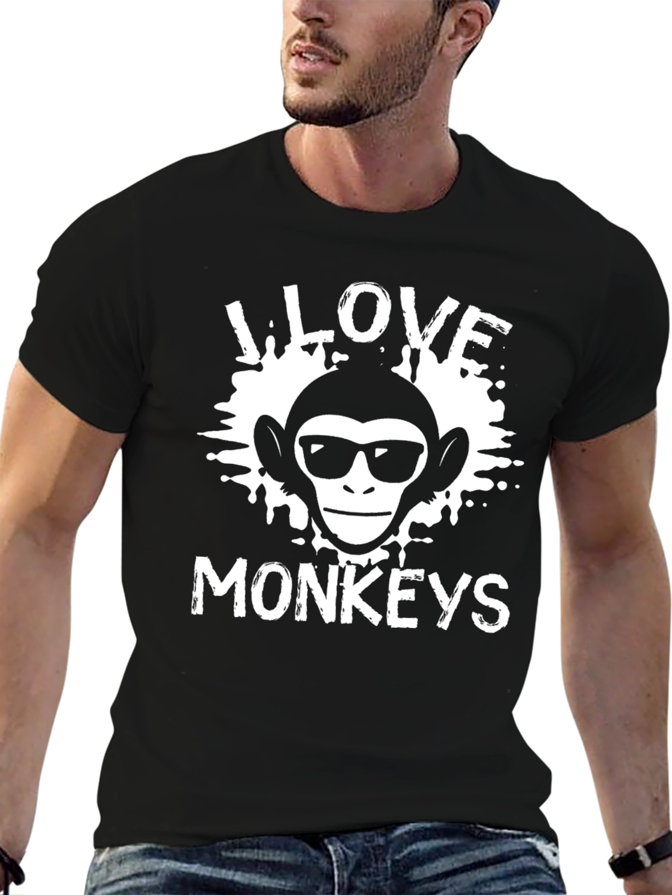 Black I Love Monkeys T-Shirt, Black Cotton Graphic Tee view 6