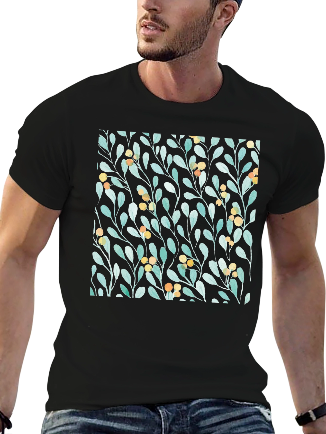 Black Botanical Leaves & Berries Black T-Shirt view 6