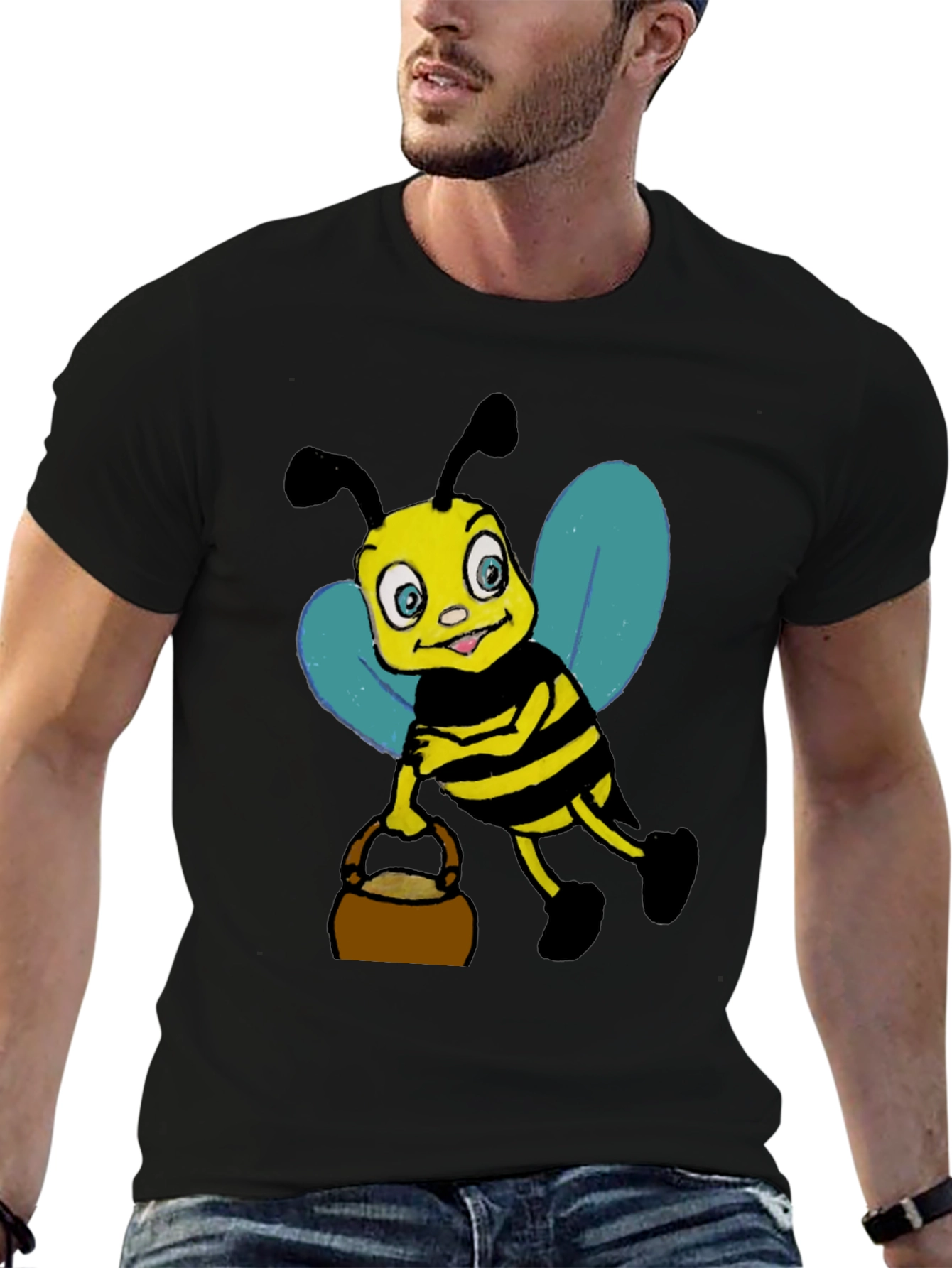 Black Cartoon Bee T-Shirt - Black Cotton Blend view 6