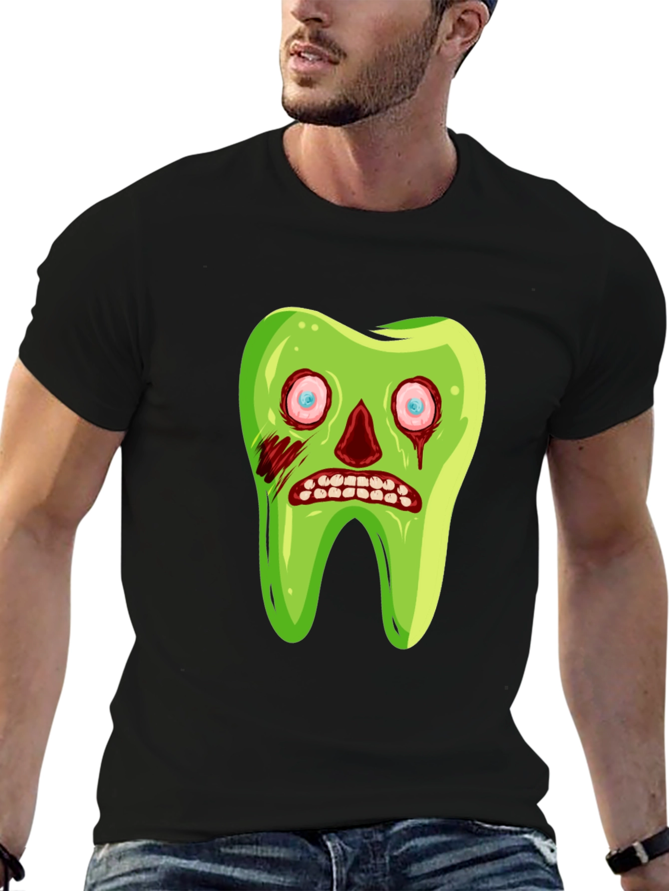 Black Zombie Tooth Graphic Tee - Novelty Halloween Shirt view 6