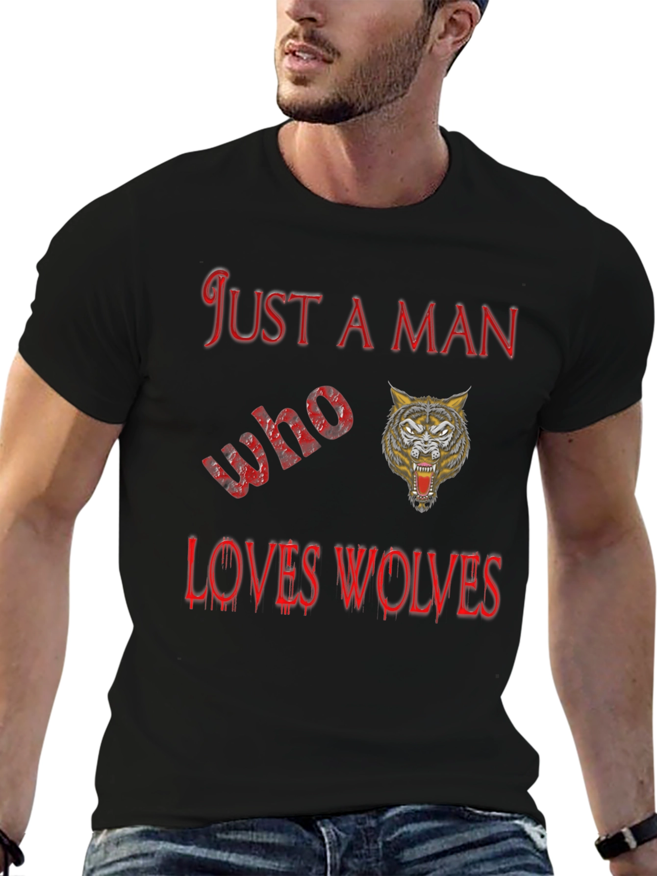 Black Just A Man Who Loves Wolves Black T-Shirt view 6