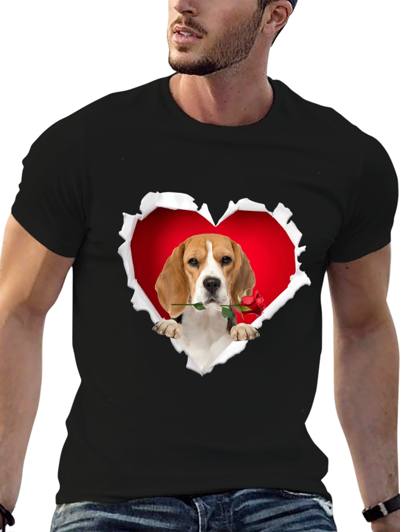 Black Beagle Heart Rose T-Shirt - Cute Dog Lover Tee view 6