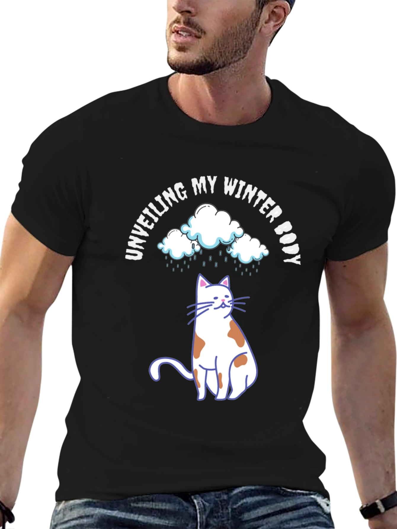 Black Unveiling My Winter Body T-Shirt Cat Clouds view 6