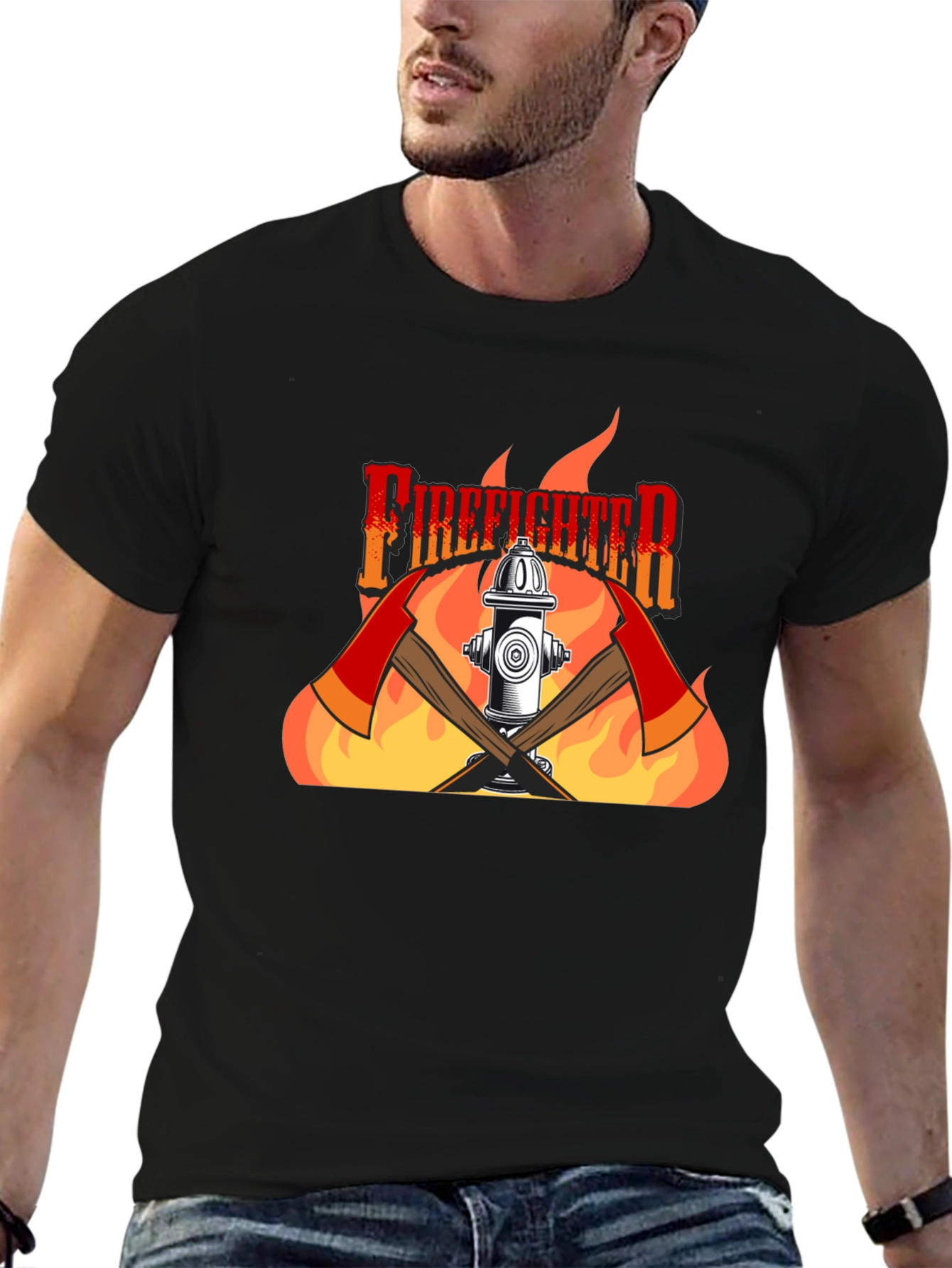 Black Firefighter Graphic Print Black T-Shirt view 6