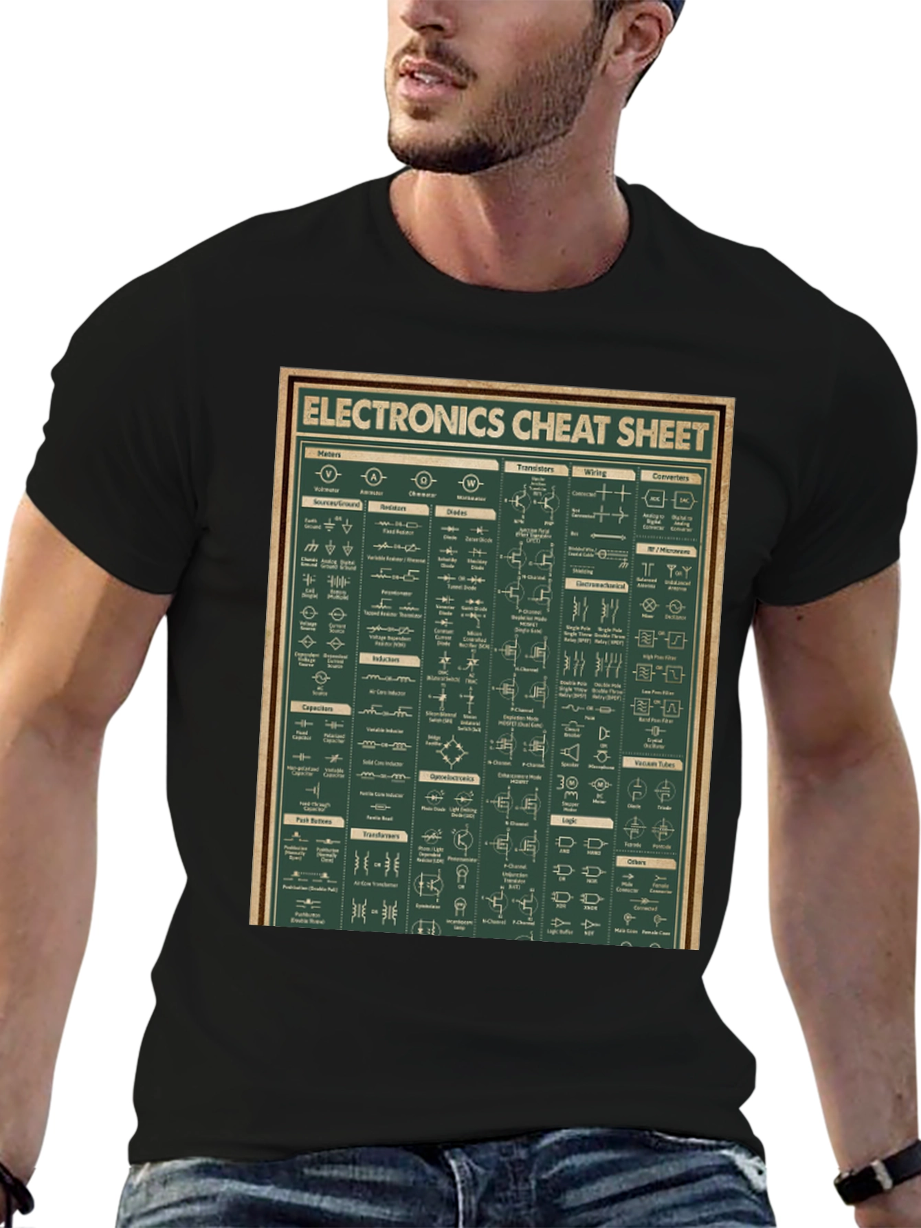 Black Electronics Cheat Sheet Graphic Tee - Black Cotton T-Shirt view 6