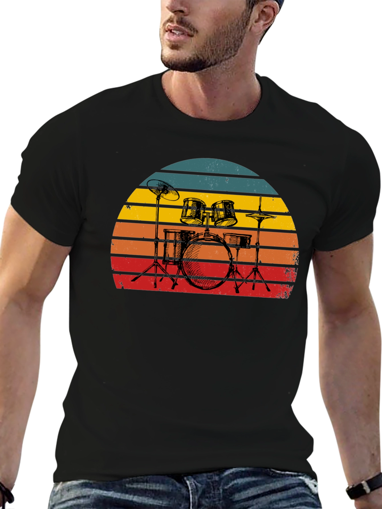 Black Retro Drum Set Graphic Tee view 6