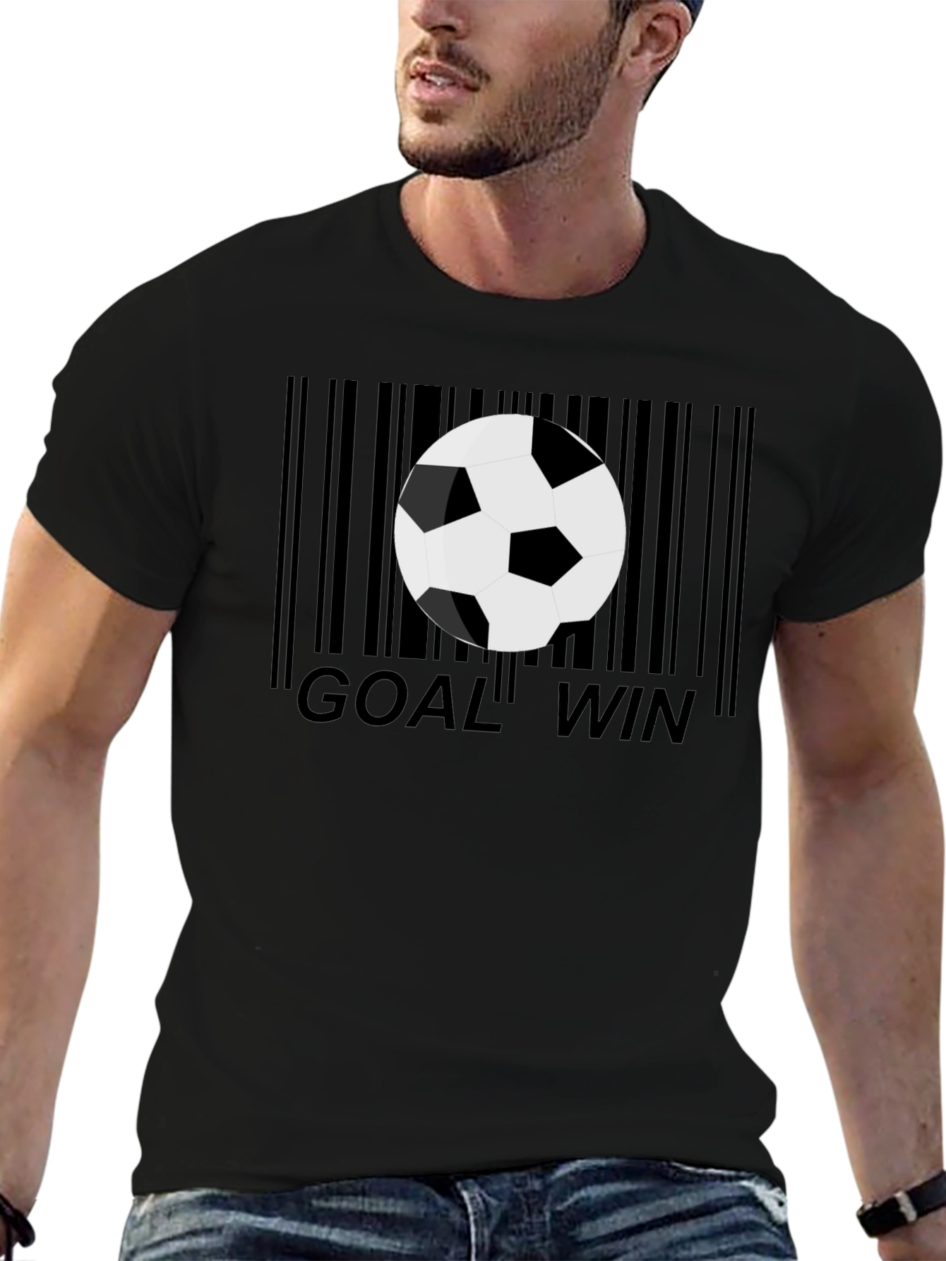 Black Goal Win Soccer Ball Barcode Men's Black Graphic T-Shirt view 6