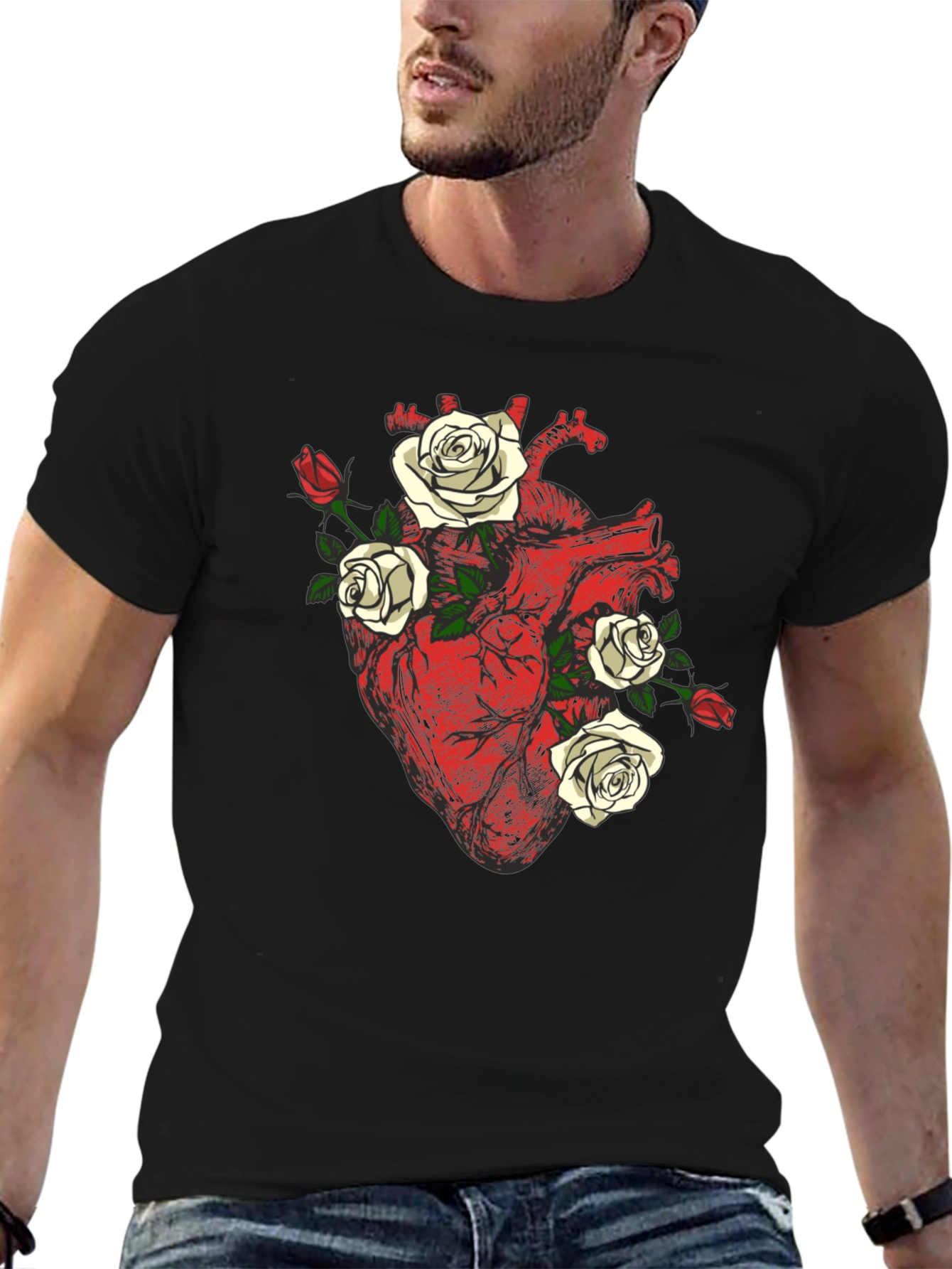 Black Anatomical Heart & Roses Graphic Tee view 6