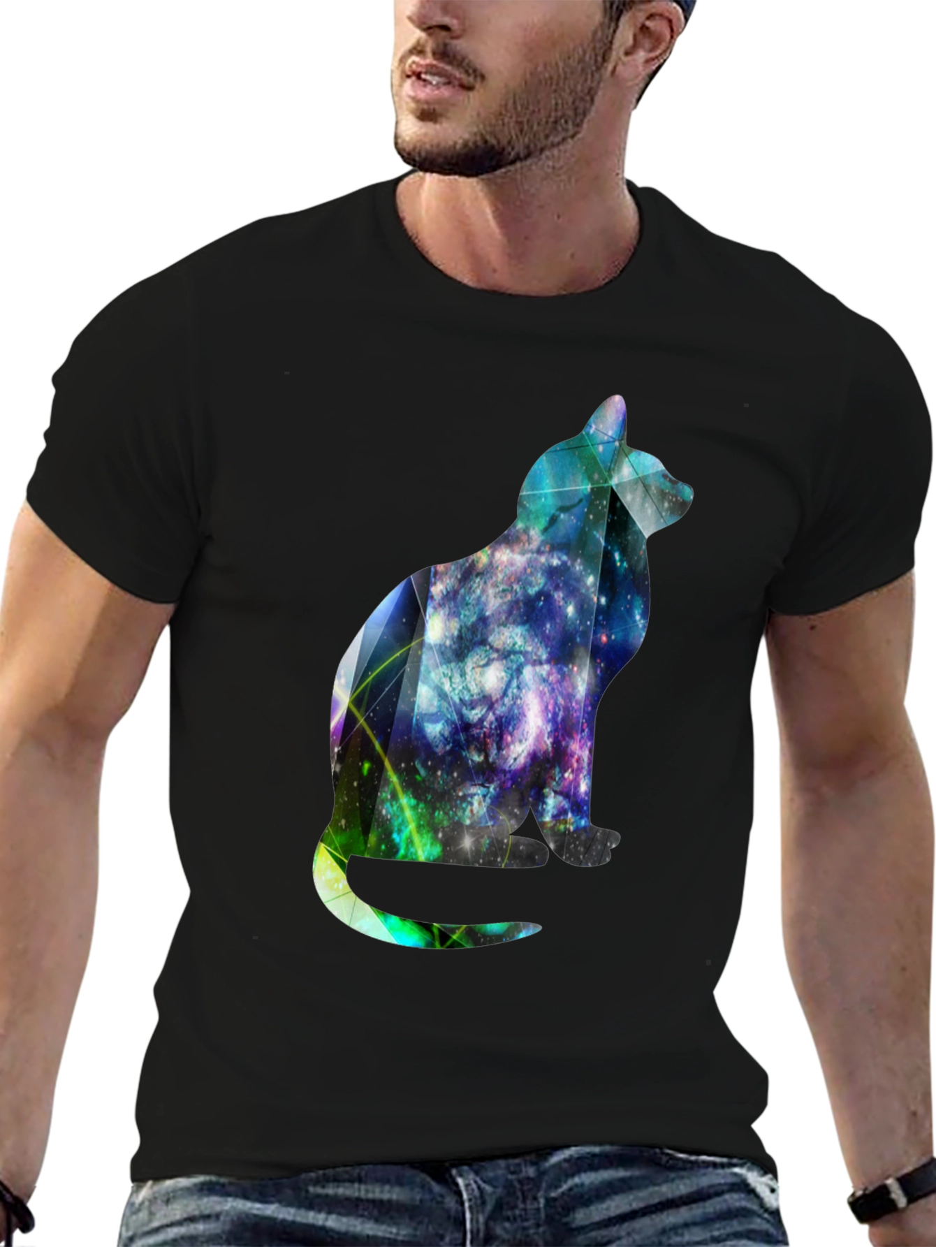 Black Galaxy Cat Graphic Tee - Stylish Men's Black T-Shirt view 6