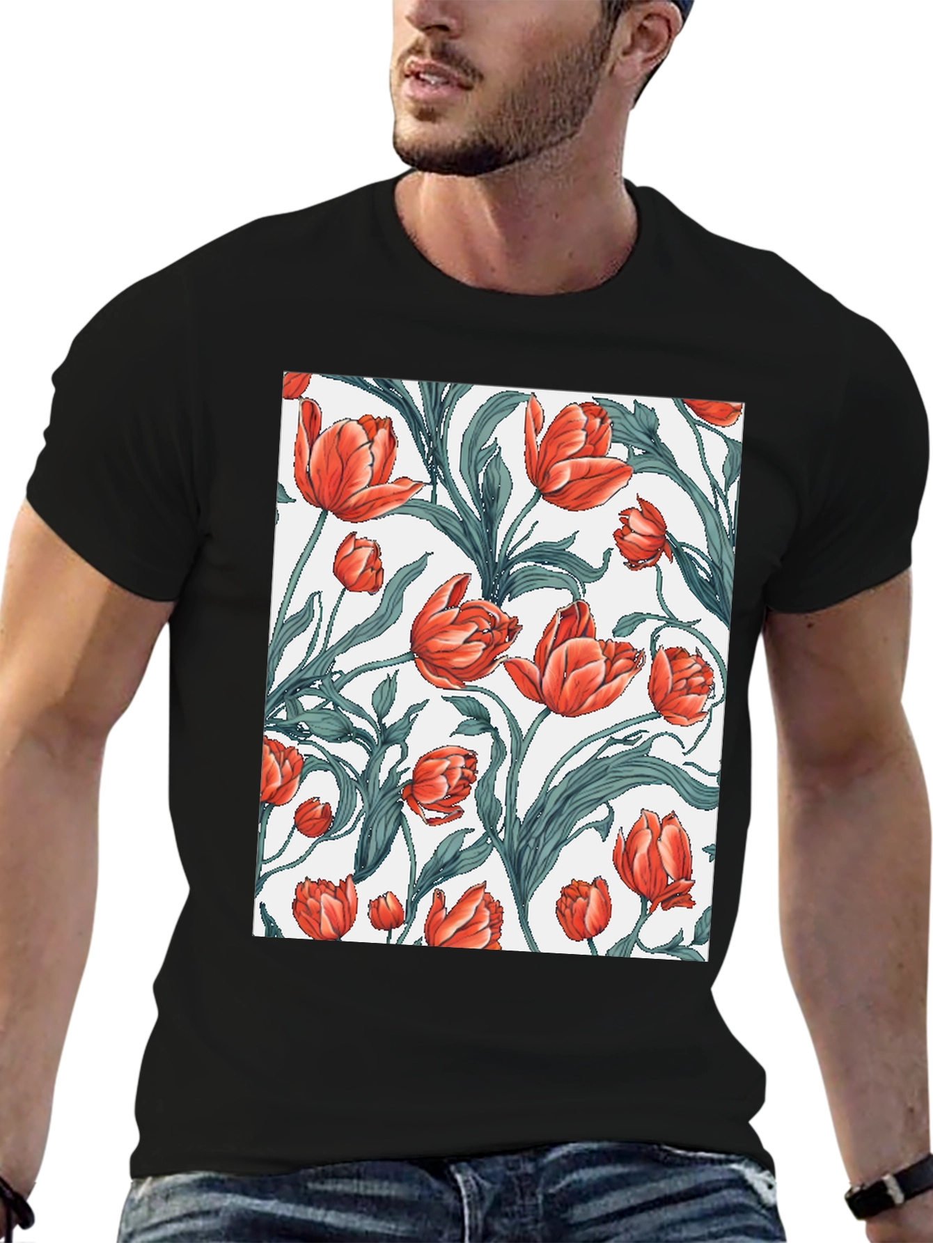 Black Floral Tulip Print Black T-Shirt view 6