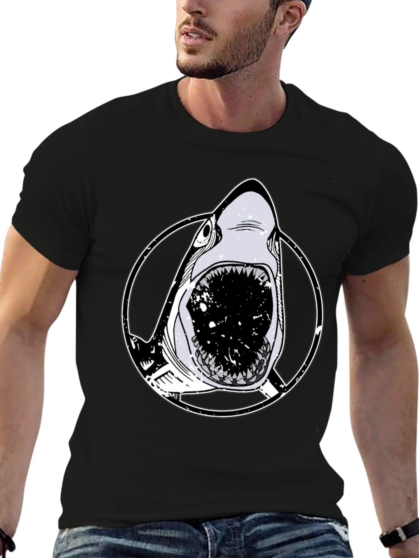 Black Men's Black Shark Graphic T-Shirt view 6