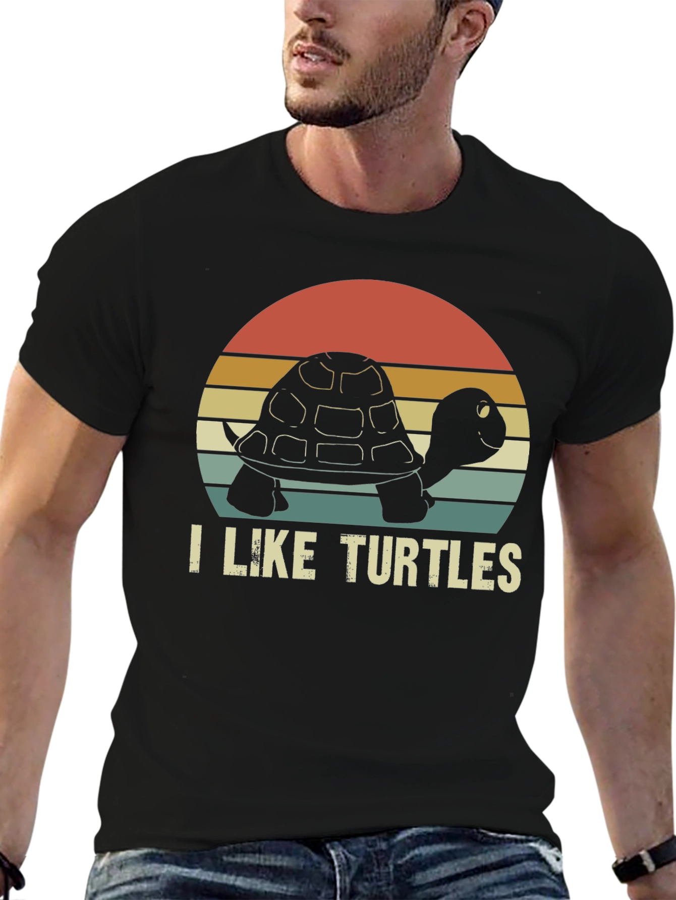 Black I Like Turtles Retro Graphic T-Shirt view 6