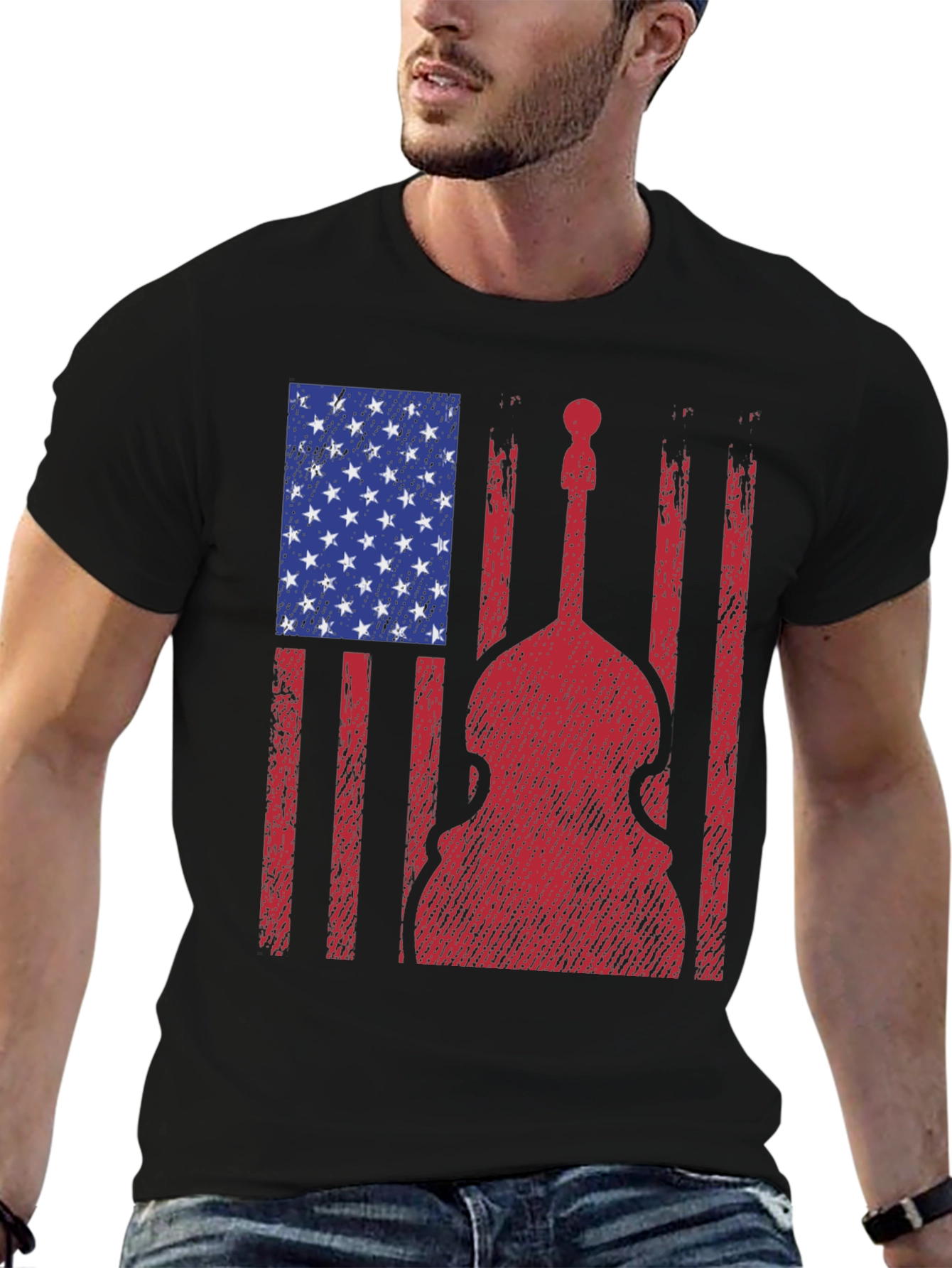 Black American Flag Bass Guitar Graphic T-Shirt view 6