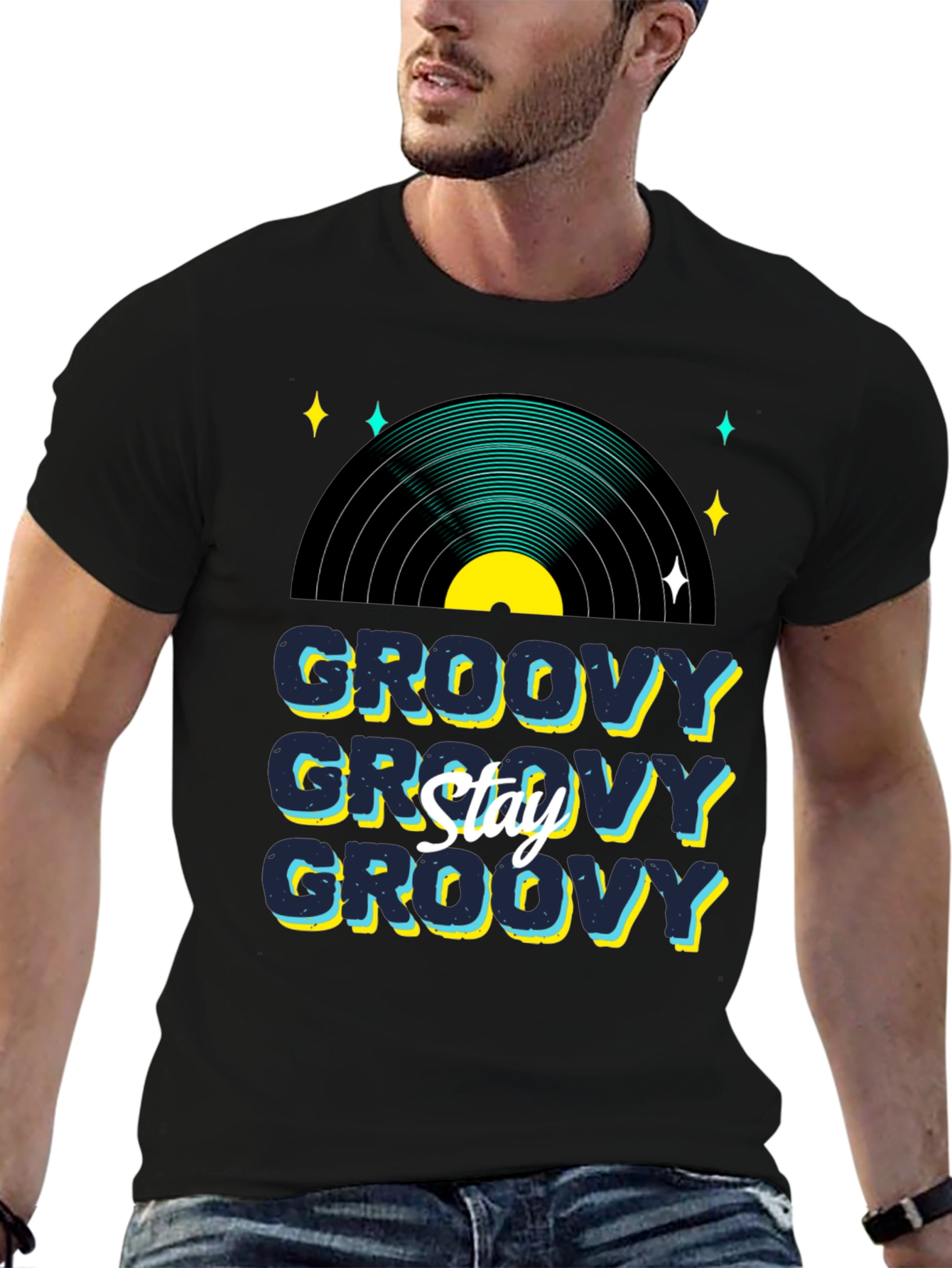 Black Groovy Vinyl Record Graphic T-Shirt - Stay Groovy view 6