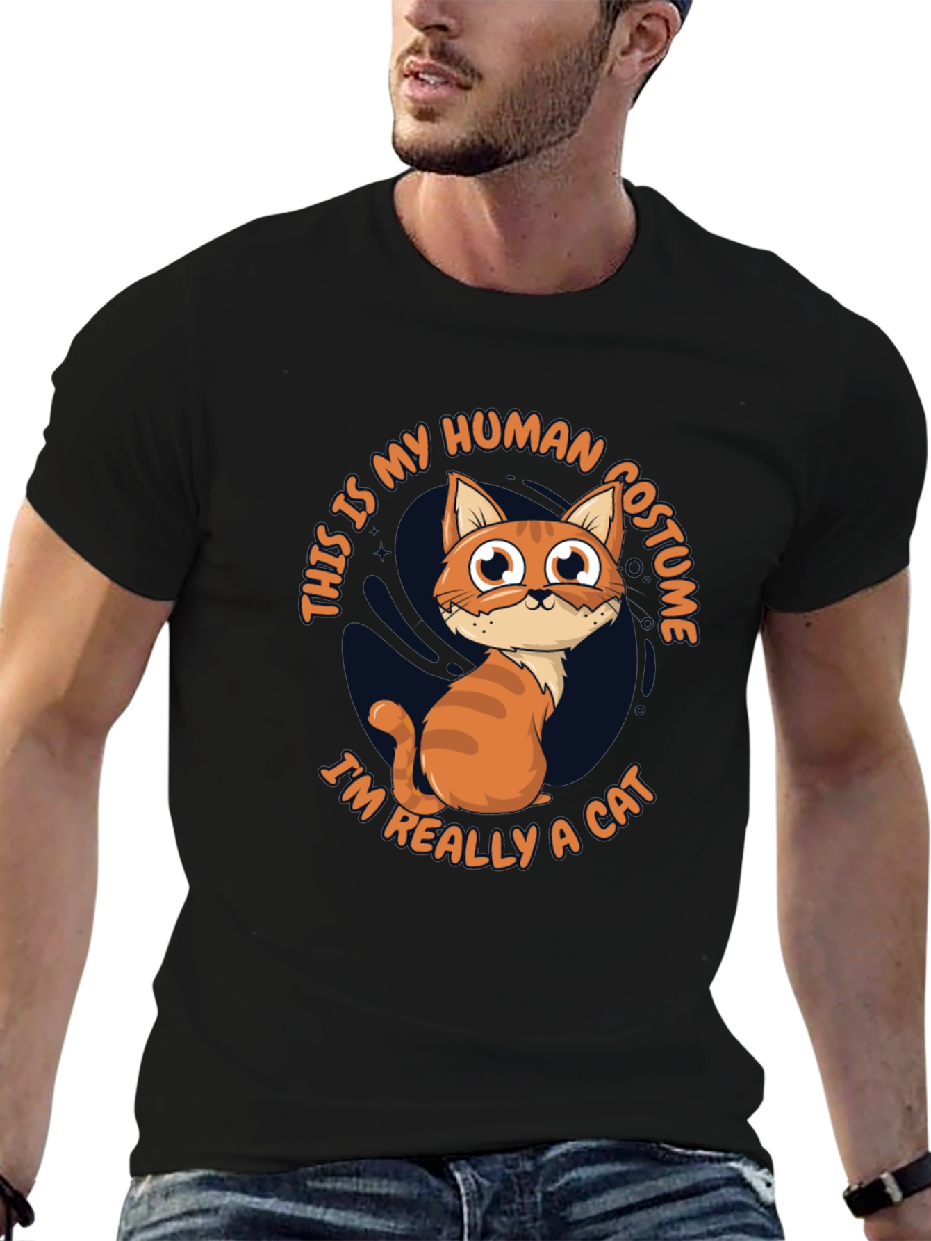 Black Funny Cat Human Costume T-Shirt view 6