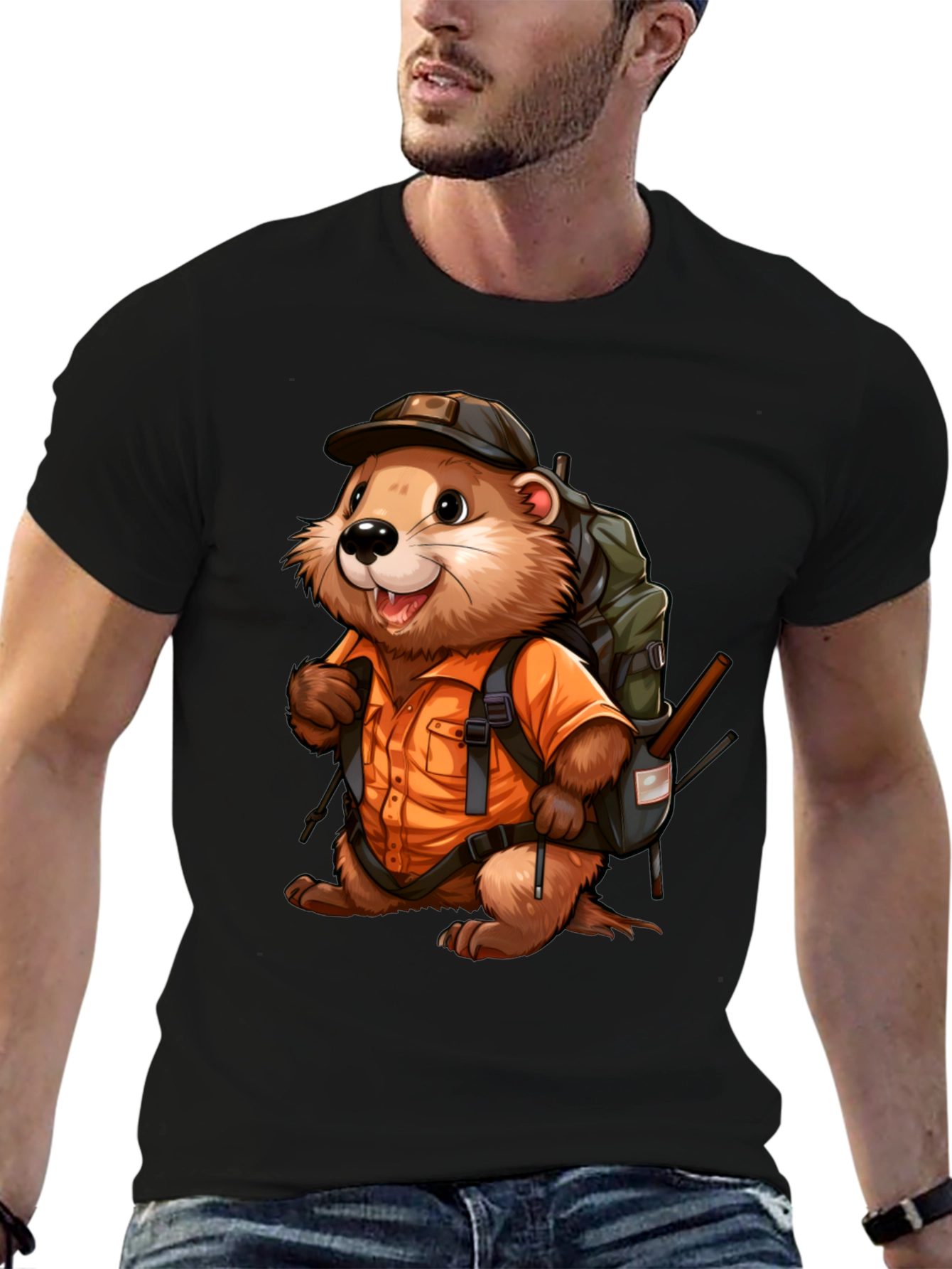 Black Cartoon Beaver Hiker Graphic T-Shirt view 6