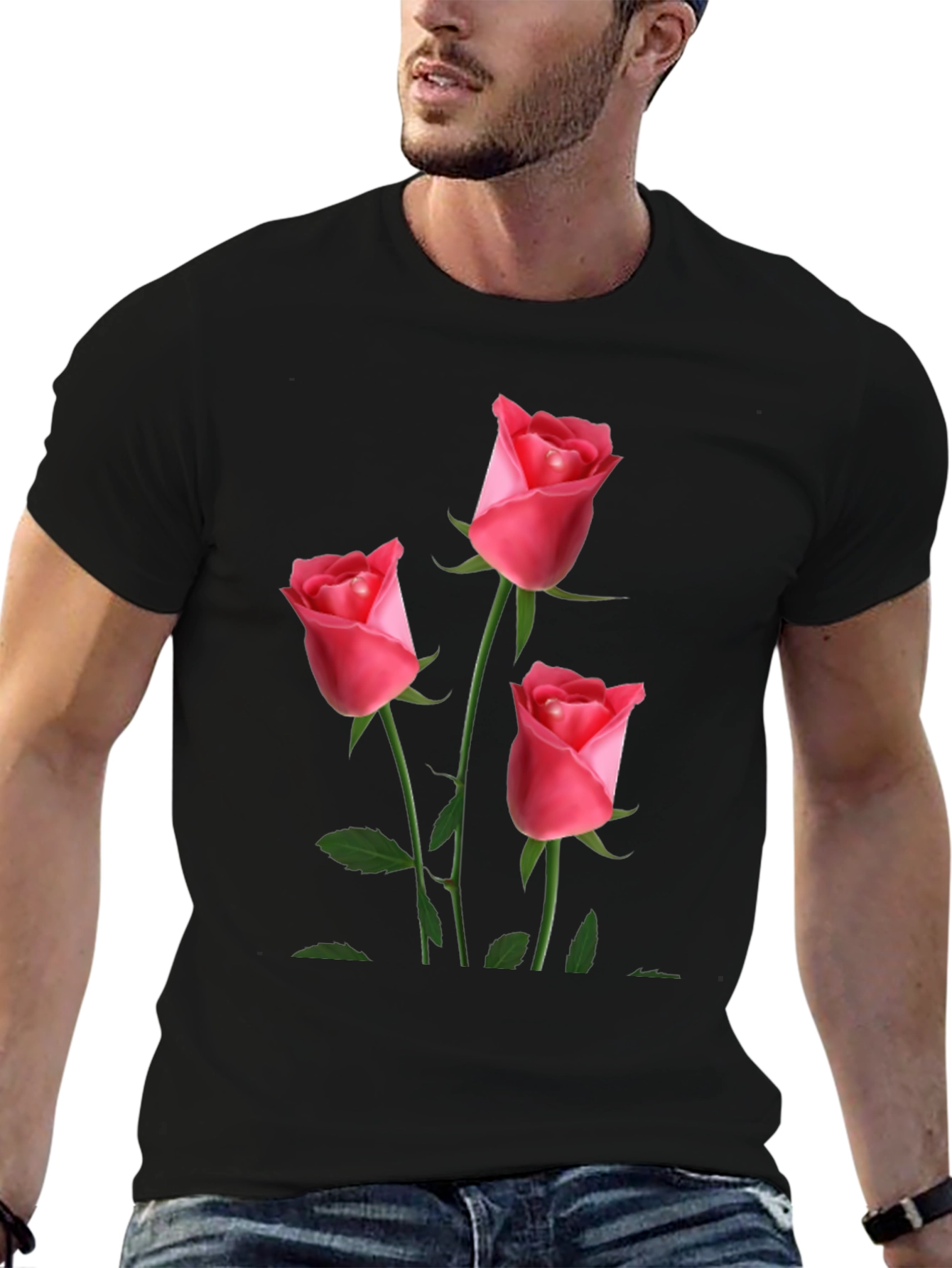 Black Men's Black T-Shirt with Rose Design view 6