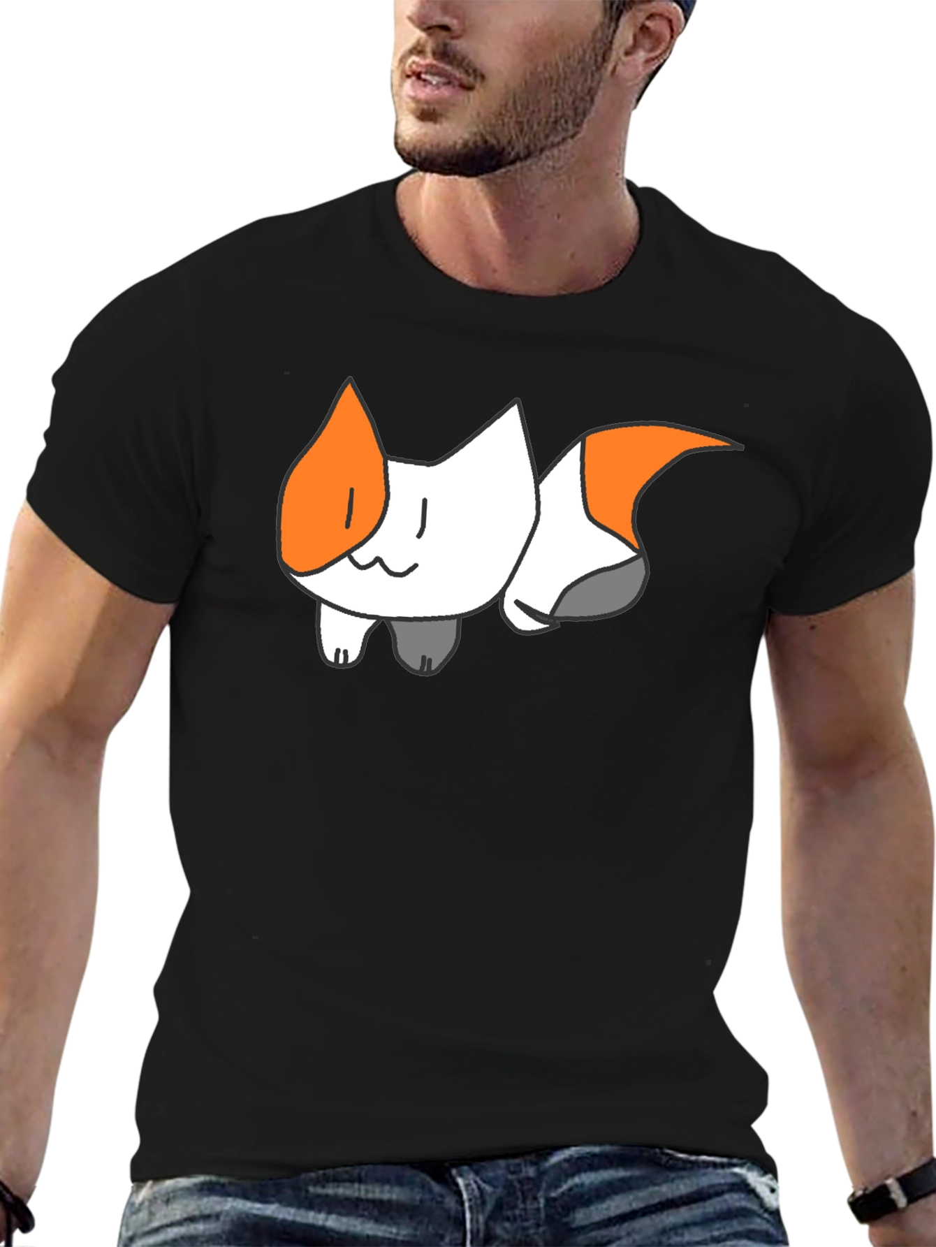 Black Cute Cartoon Cat Graphic Black T-Shirt view 6