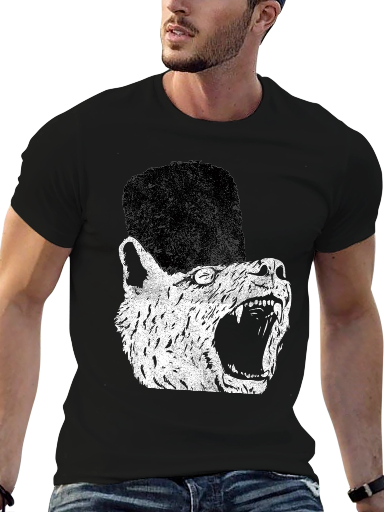Black Soviet Wolf T-Shirt - Distressed Graphic Print view 6