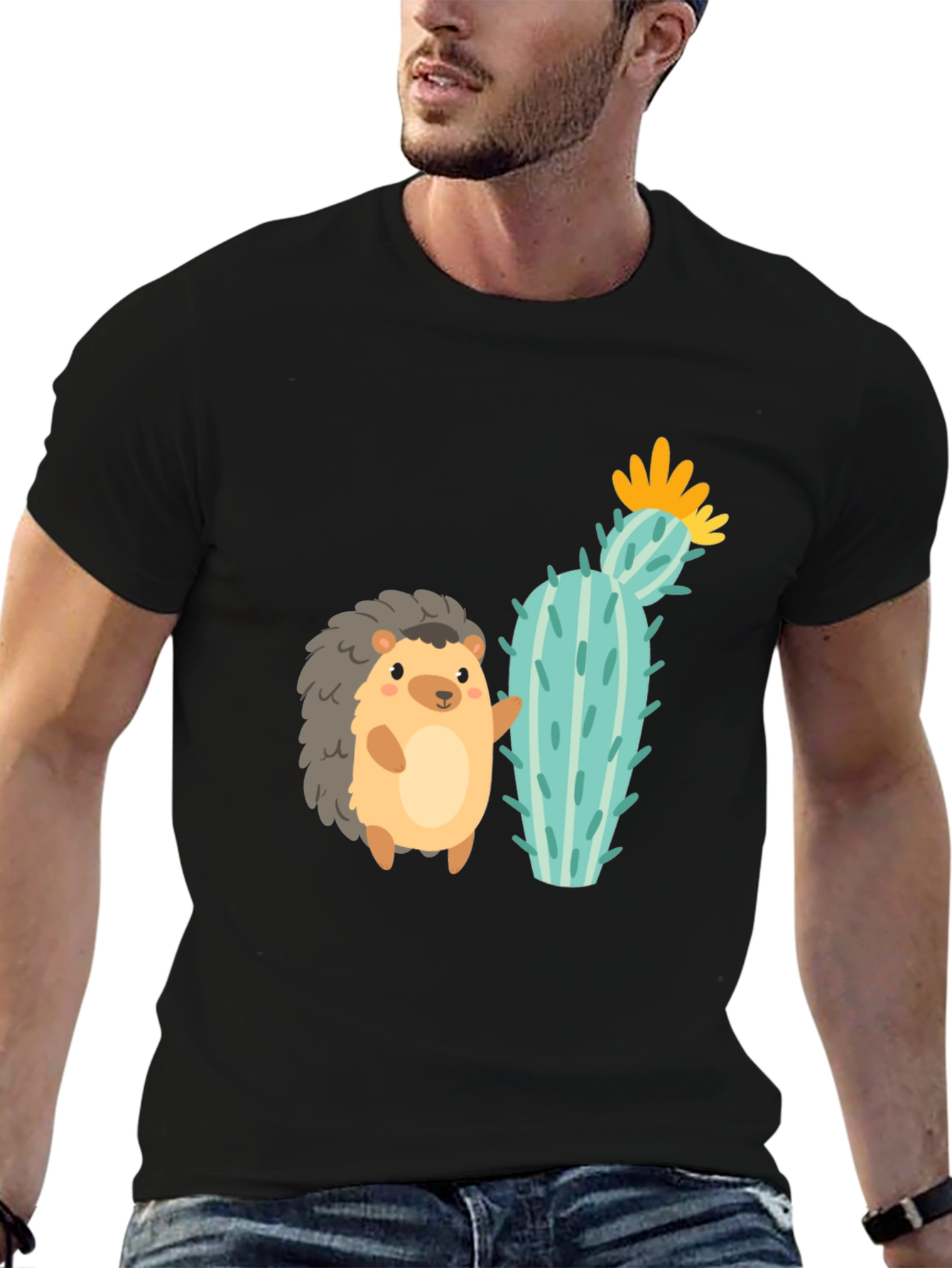 Black Cute Hedgehog & Cactus Graphic Tee - Unisex Black T-Shirt view 6