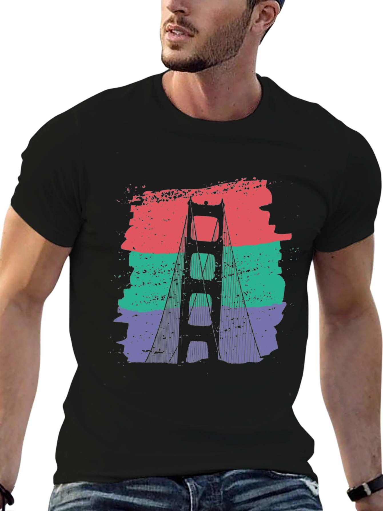 Black Golden Gate Bridge Retro Graphic T-Shirt view 6