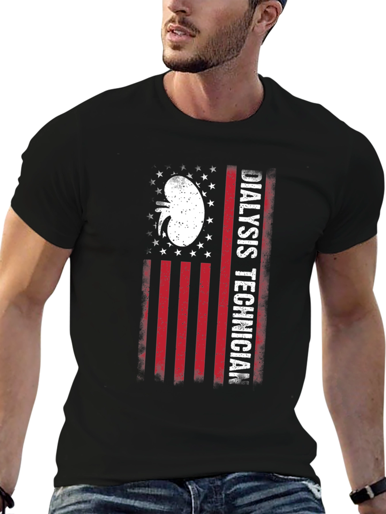 Black Dialysis Technician American Flag T-Shirt view 6