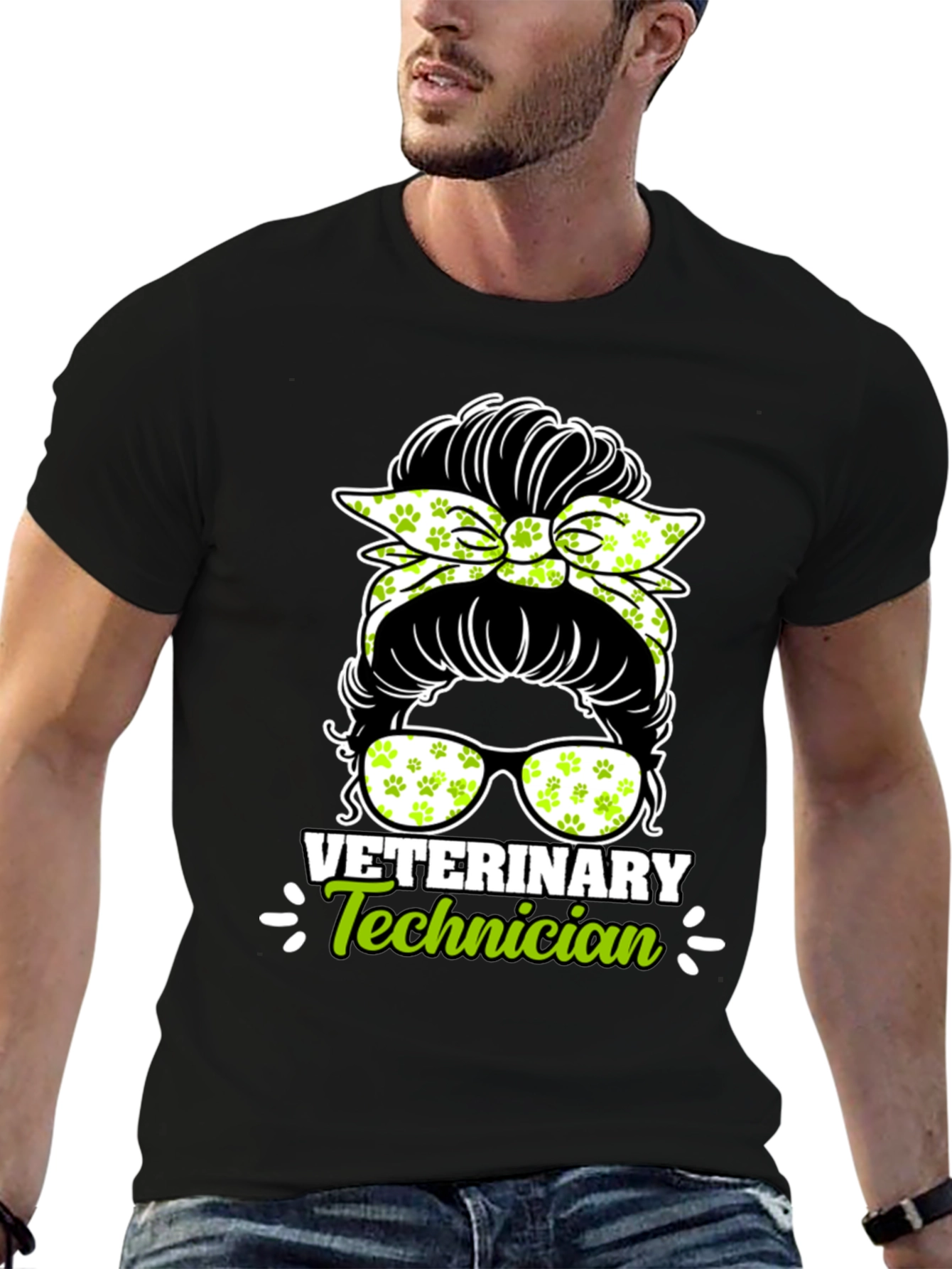 Black Veterinary Technician Messy Bun T-Shirt view 6