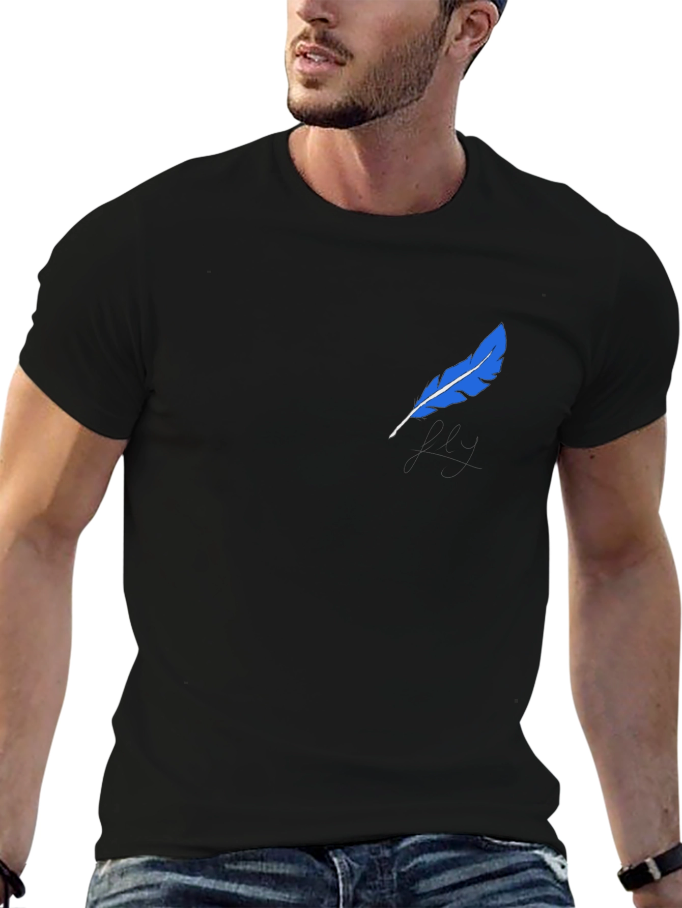 Black Black T-Shirt with Blue Feather Graphic view 6