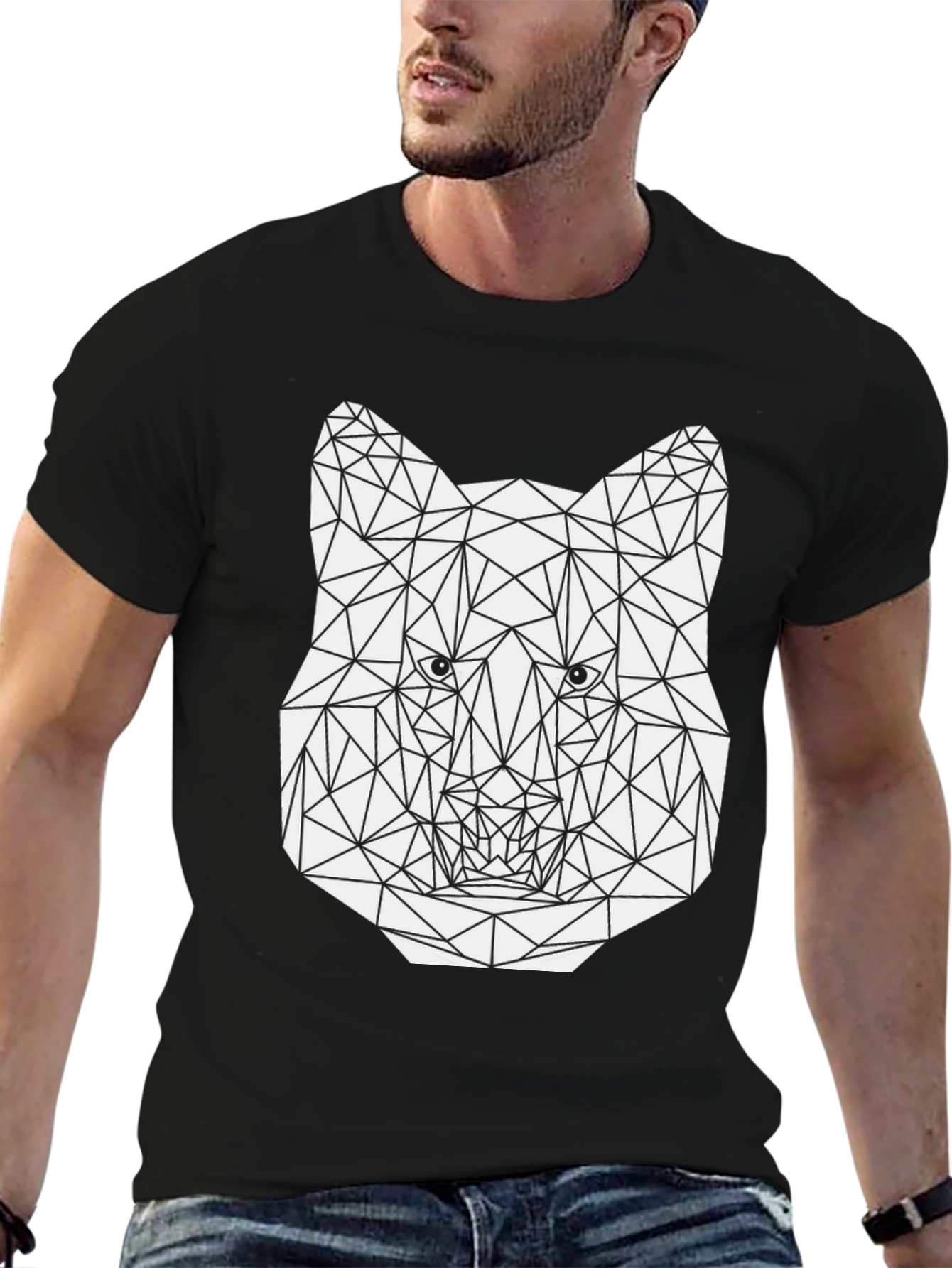 Black Geometric Wolf Graphic Tee - Stylish Men's Black T-Shirt view 6