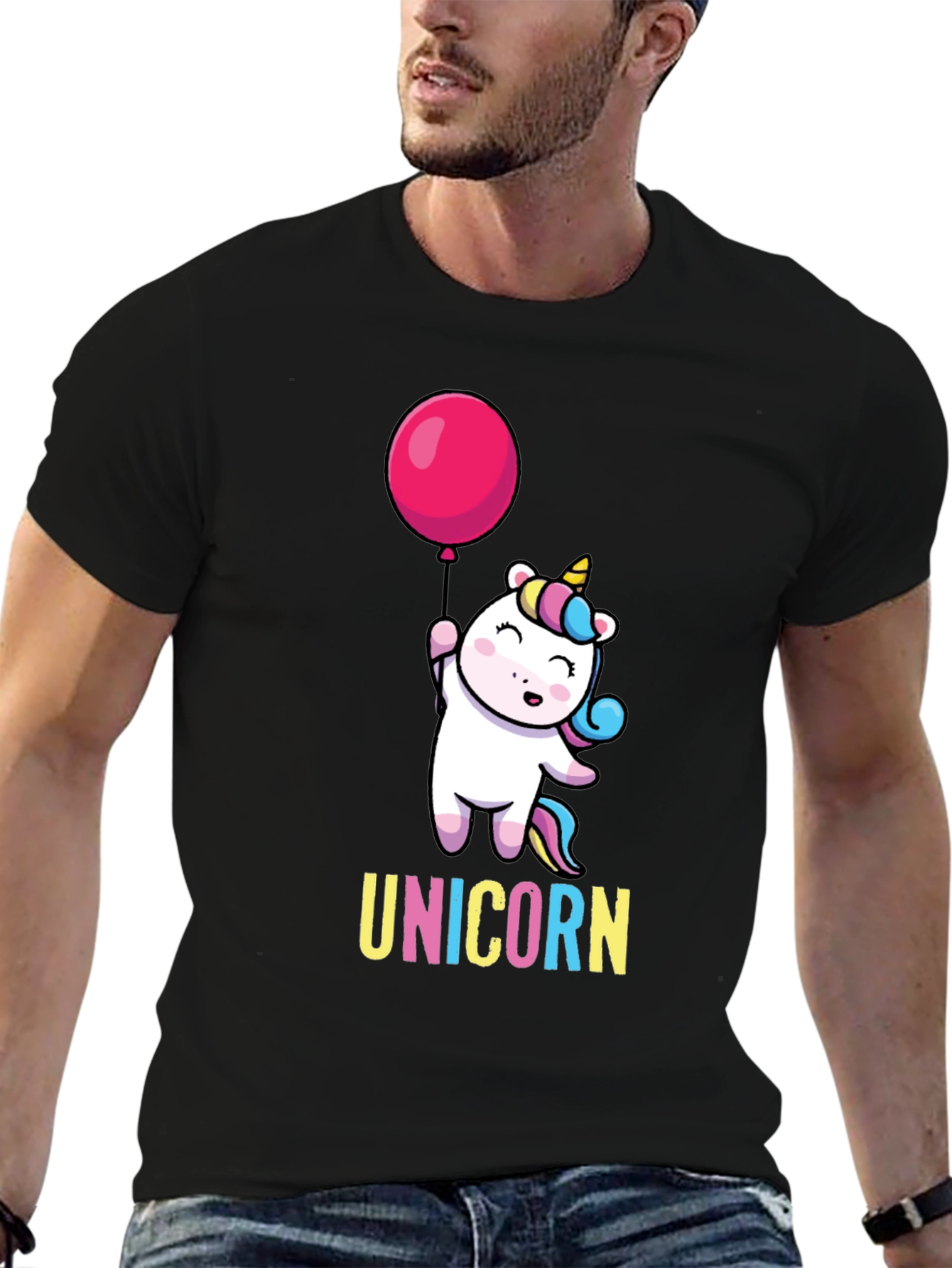 Black Unicorn Balloon Graphic Black T-Shirt view 6
