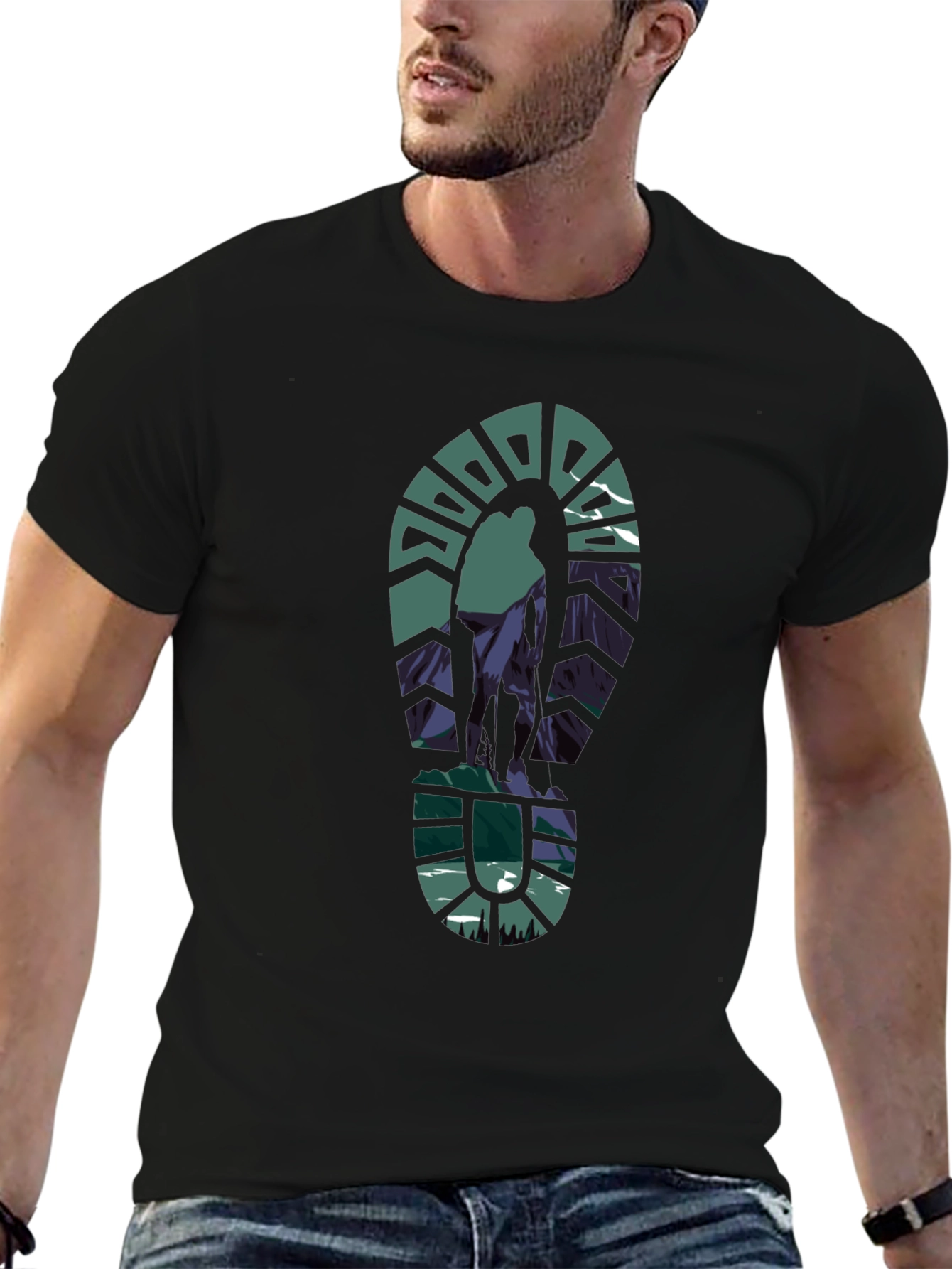 Black Hiking Trail T-Shirt - Mountain Footprint Design view 6