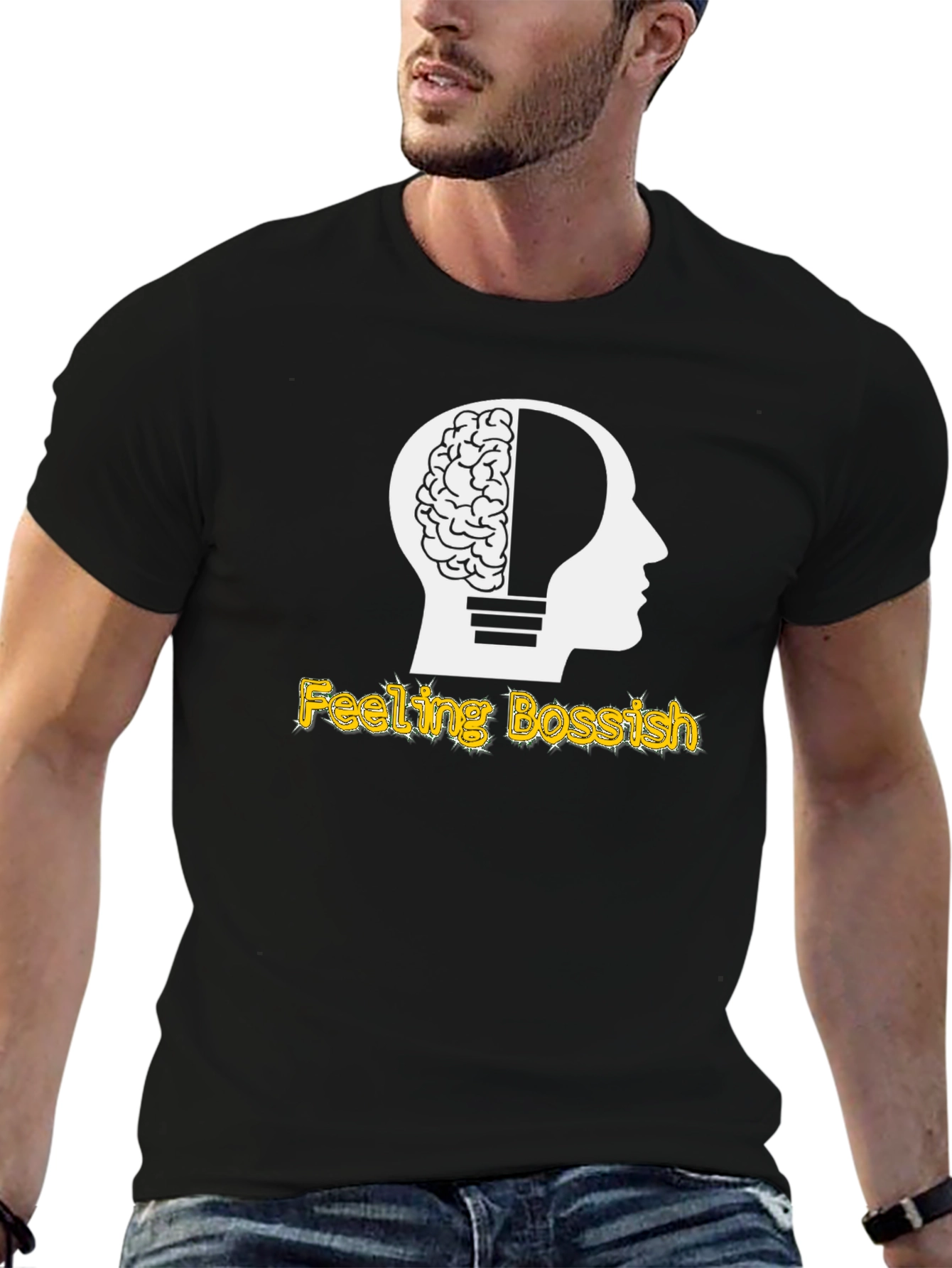 Black Feeling Bossish Brain Lightbulb Black T-Shirt view 6