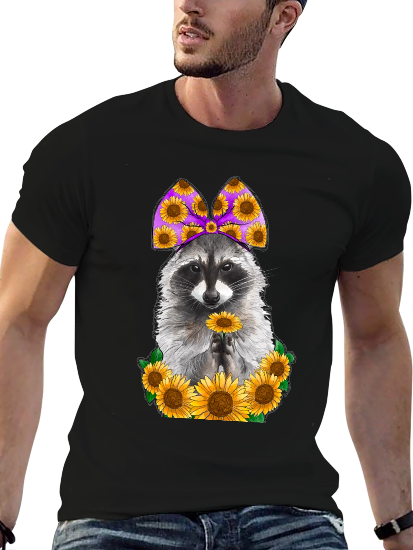 Black Raccoon Sunflower Graphic T-Shirt view 6
