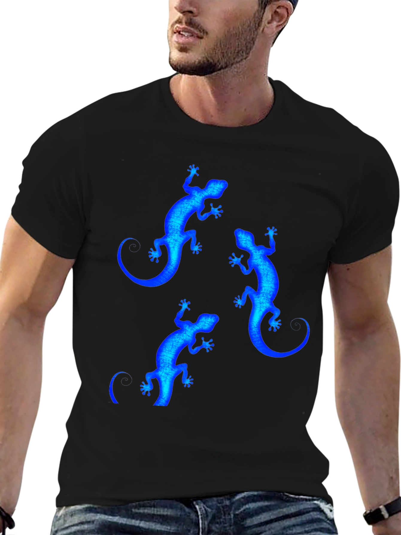 Black Blue Lizard Print Black T-Shirt view 6