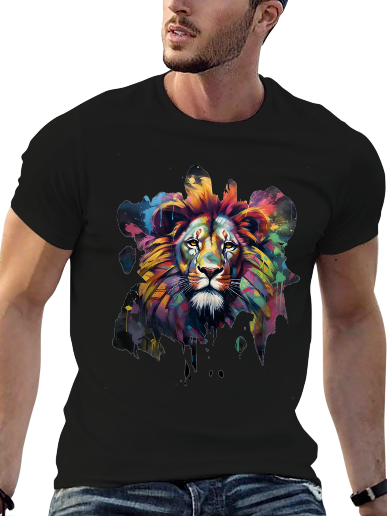 Black Colorful Lion Graphic Tee - Men's Black T-Shirt view 6
